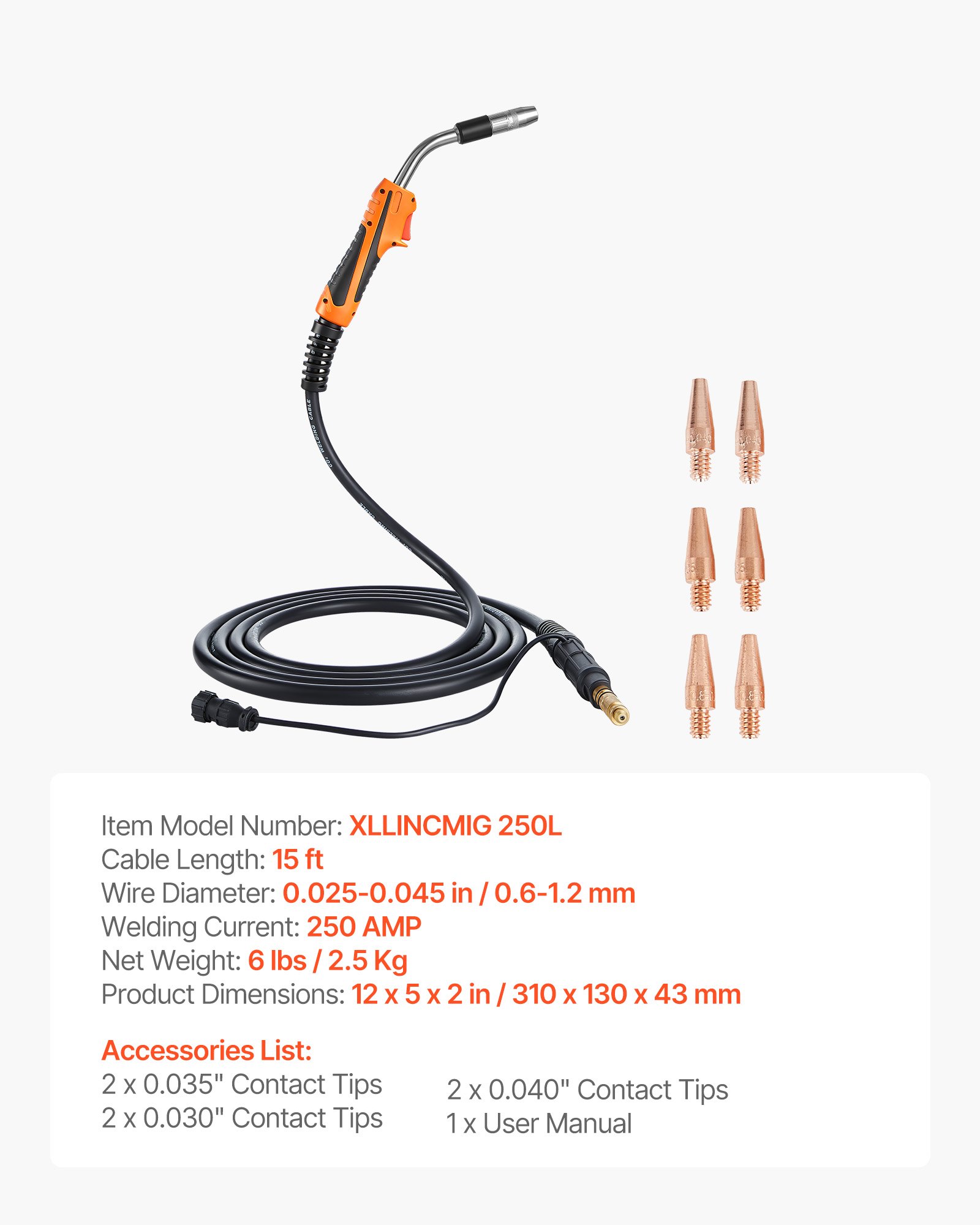 250A MIG Welding Gun With 15FT Cable, Replacement For Lincoln Magnum Pro 250L - With 7PCS Mig Welding Contact Tips_voghion.com