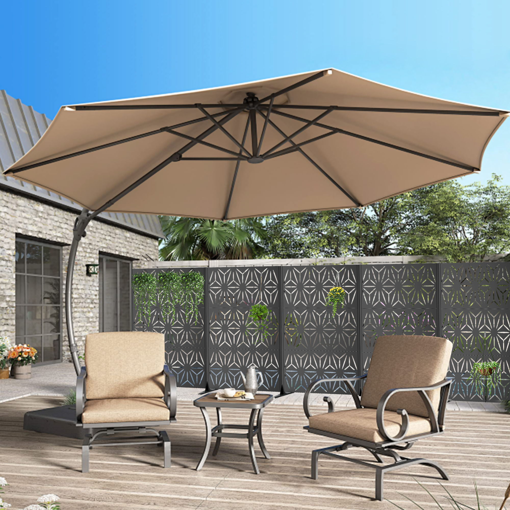 Metal Privacy Screen For Outdoor Freestanding, 72  H X 46  W Decorative Metal Fence Panels With Stable Base, Portable Divider Screens For Patio, Deck, Balcony, Backyard, Garden