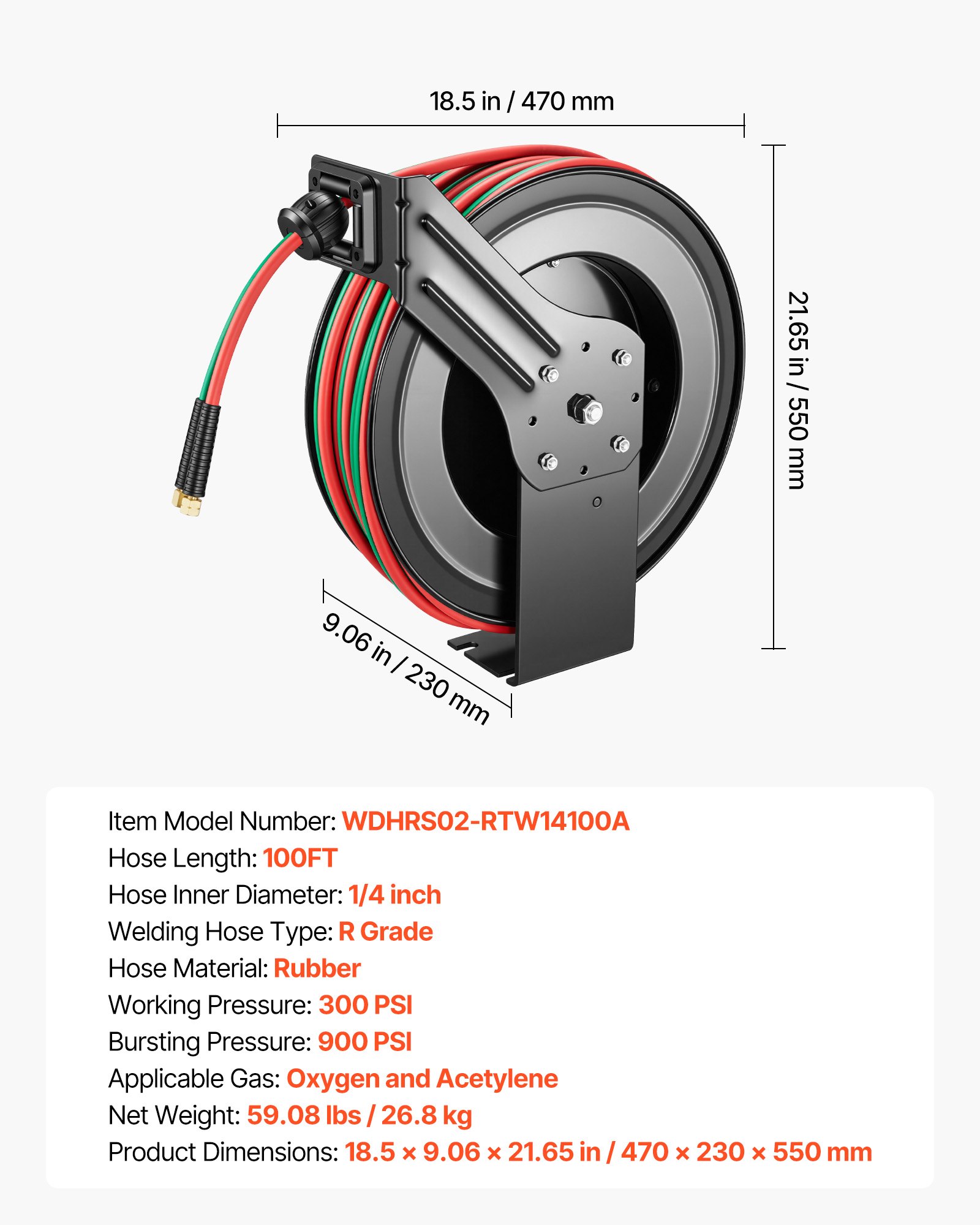 Retractable Welding Hose Reel, 1/4 Inch X 100FT Twin Oxygen Acetylene Rubber Hose Max 300PSI - R Grade, Ceiling/Wall Mount Heavy Duty Steel Hose Reel Auto-Rewind, Ideal For Workshops Garages - Image 1