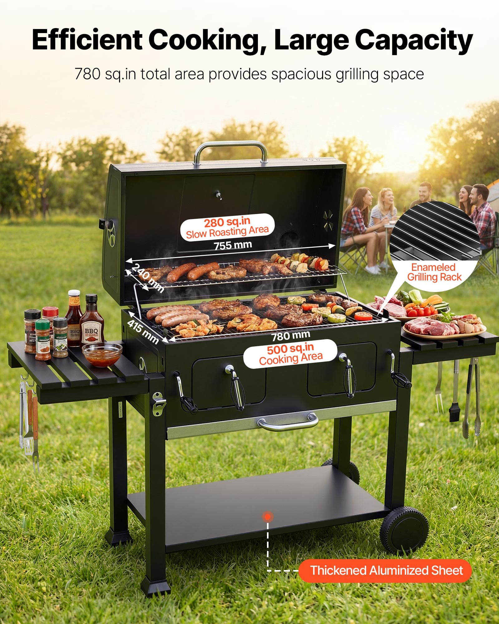 Charcoal Grill, 780 Sq.in. Extra-Large Charcoal Barbecue Grill With 2 Liftable Charcoal Trays & Folding Side Tables, High-Temp Powder-Coated Steel BBQ Cooking Grills For Patio Back.yard Parties