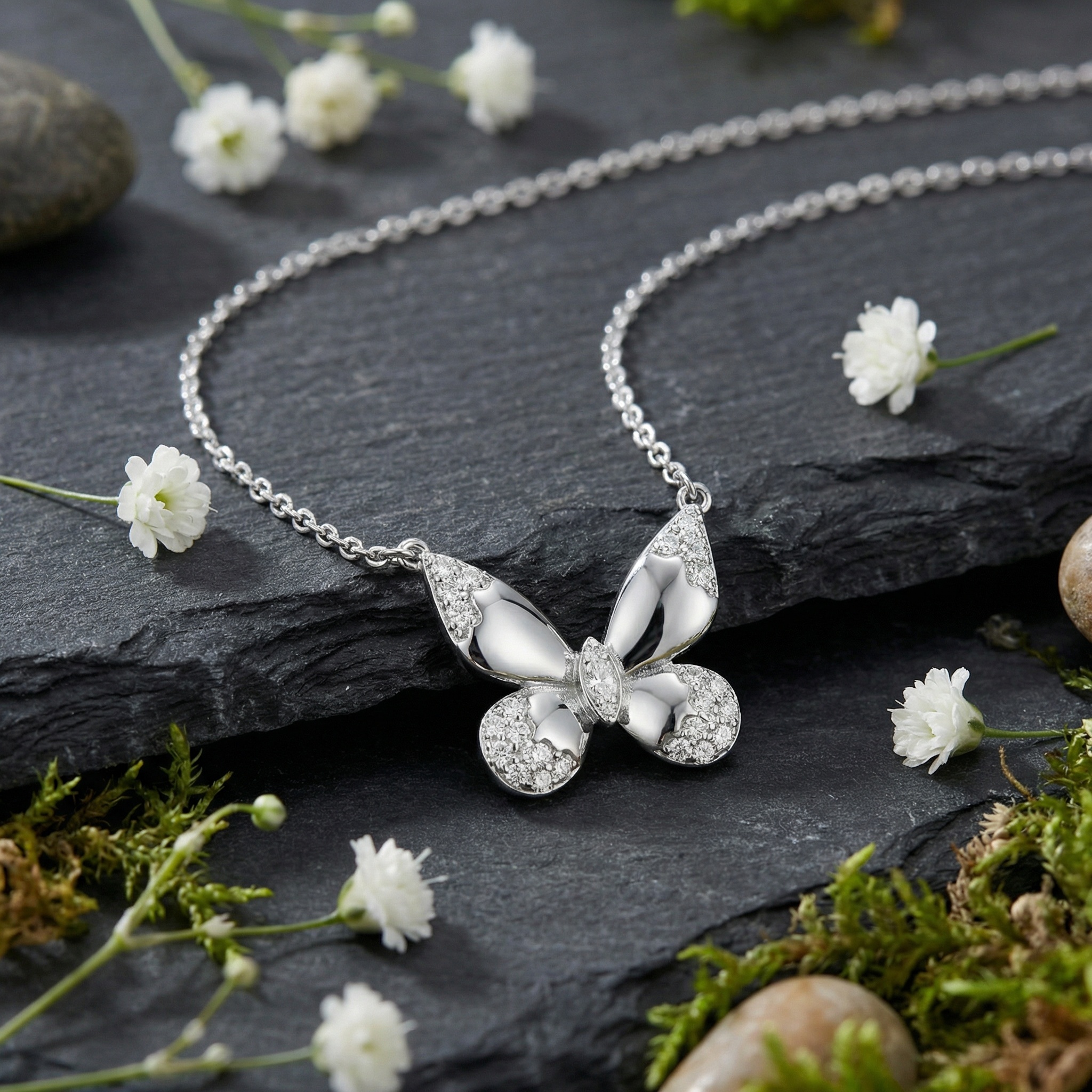 925 Sterling Silver Elegant Sterling Silver Butterfly Pendant Necklace with Round Cut Diamonds 