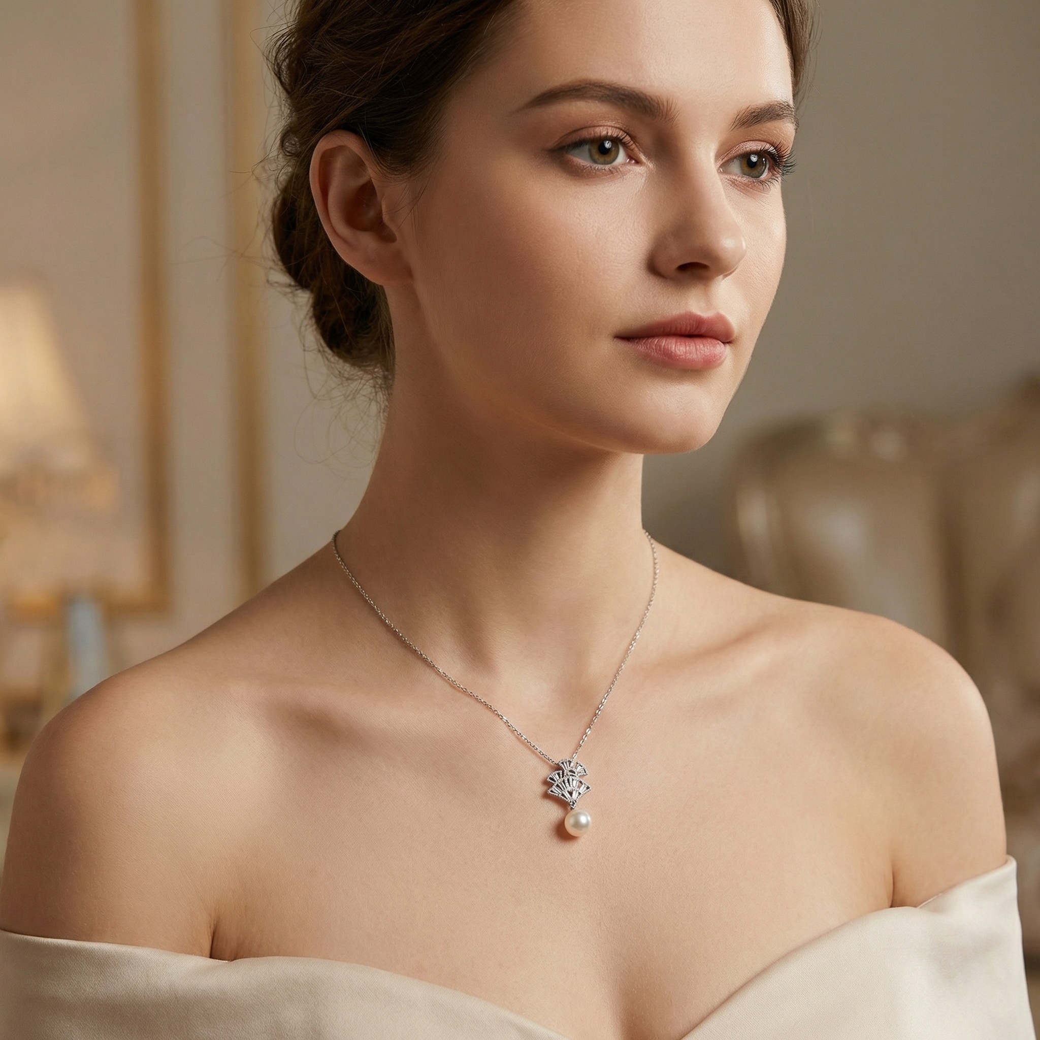 925 Sterling Silver Elegant Fan-Design Silver Pendant Necklace with Lustrous White Pearl and Sparkling Accents 