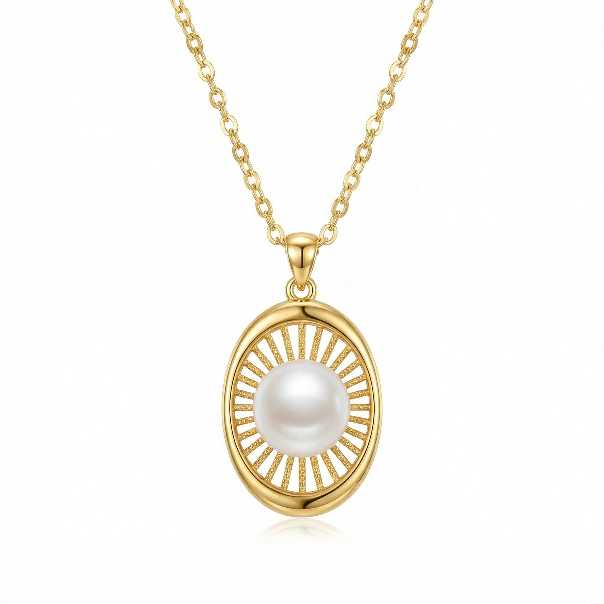 925 Sterling Silver Elegant Oval Sunburst Pendant Necklace Featuring a Luminous Central Pearl  - Image 1
