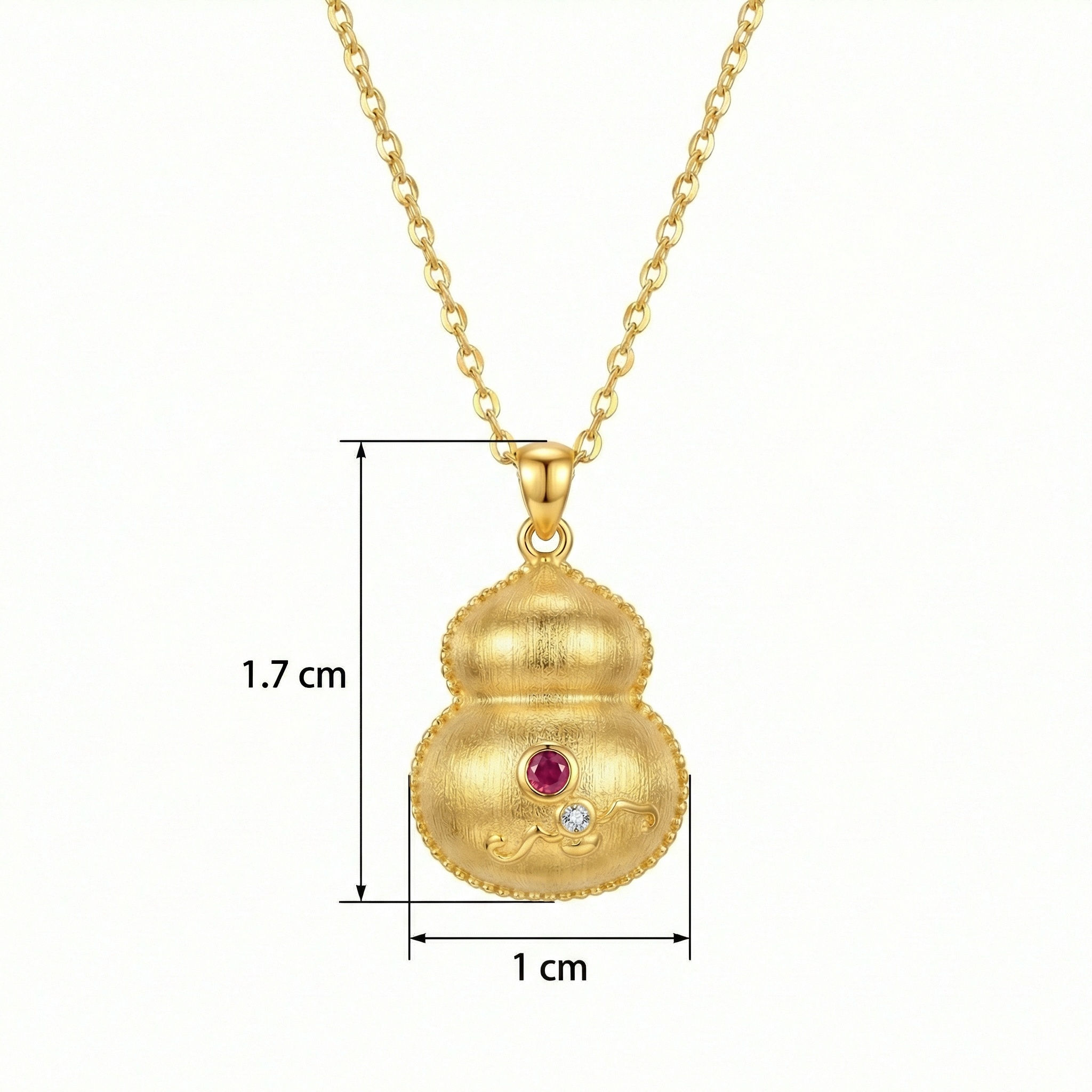 925 Sterling Silver Elegant Brushed Gourd Charm Necklace Featuring Radiant Red and White Gemstones 