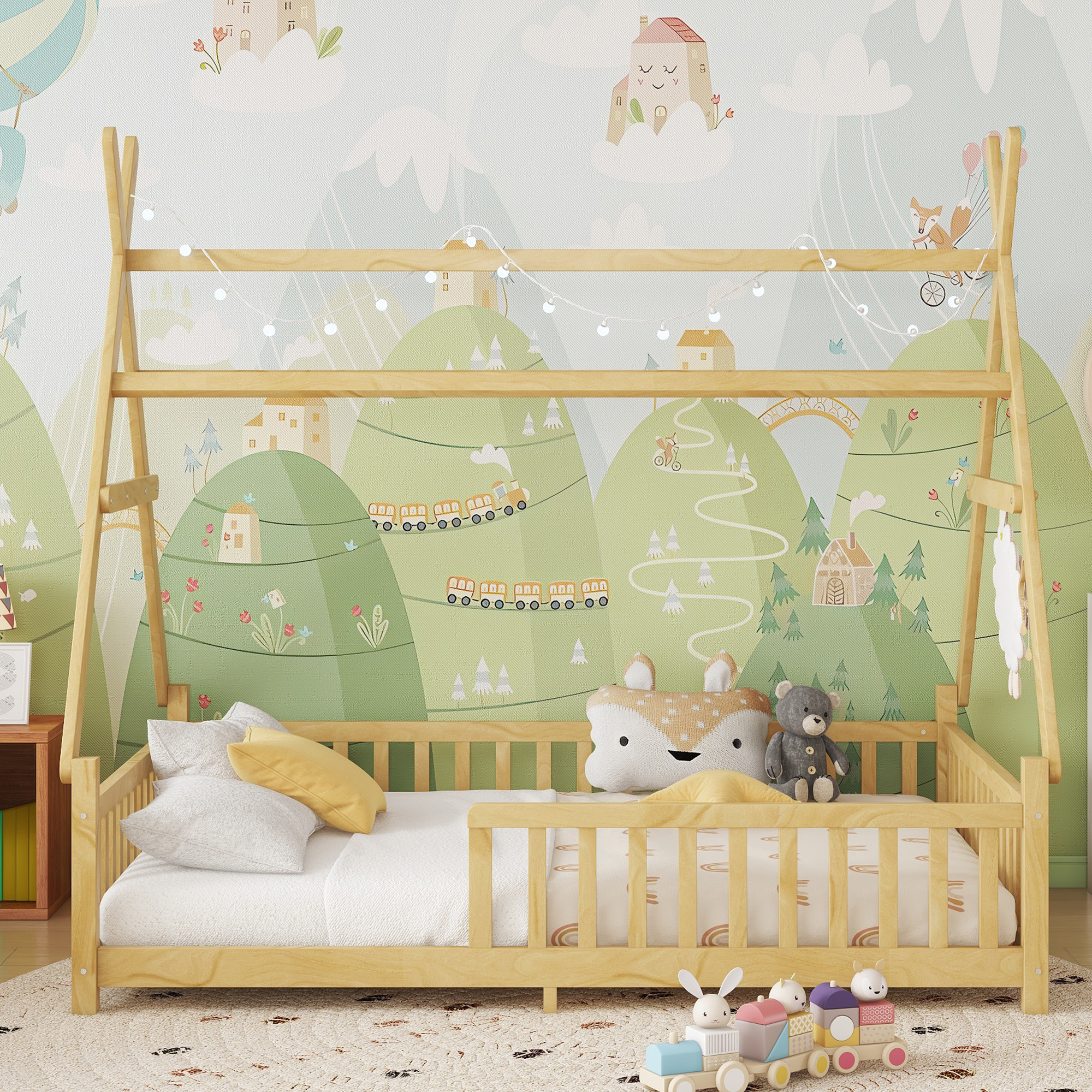 Full House Bed With Light, Low Floor House Bed With Fence And Roof For Kids Boys Girls,Natural