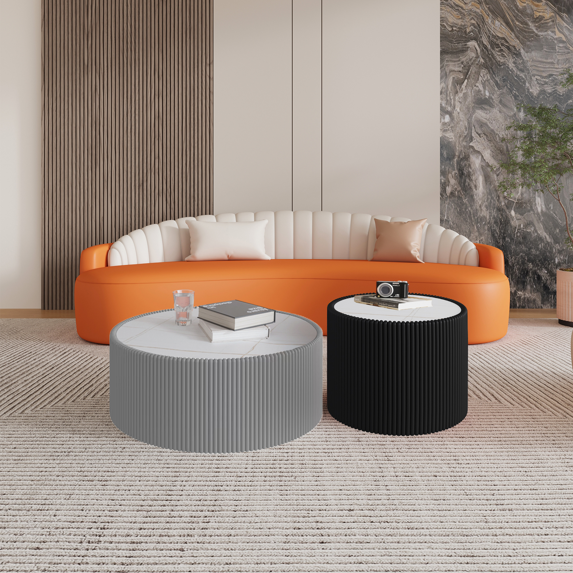 Light Sintered Stone Top Cylinder Shape Leather Coffee Modern Sofa Table For Living Room Furniture Each Tabletop Has A Unique Gold Pattern
