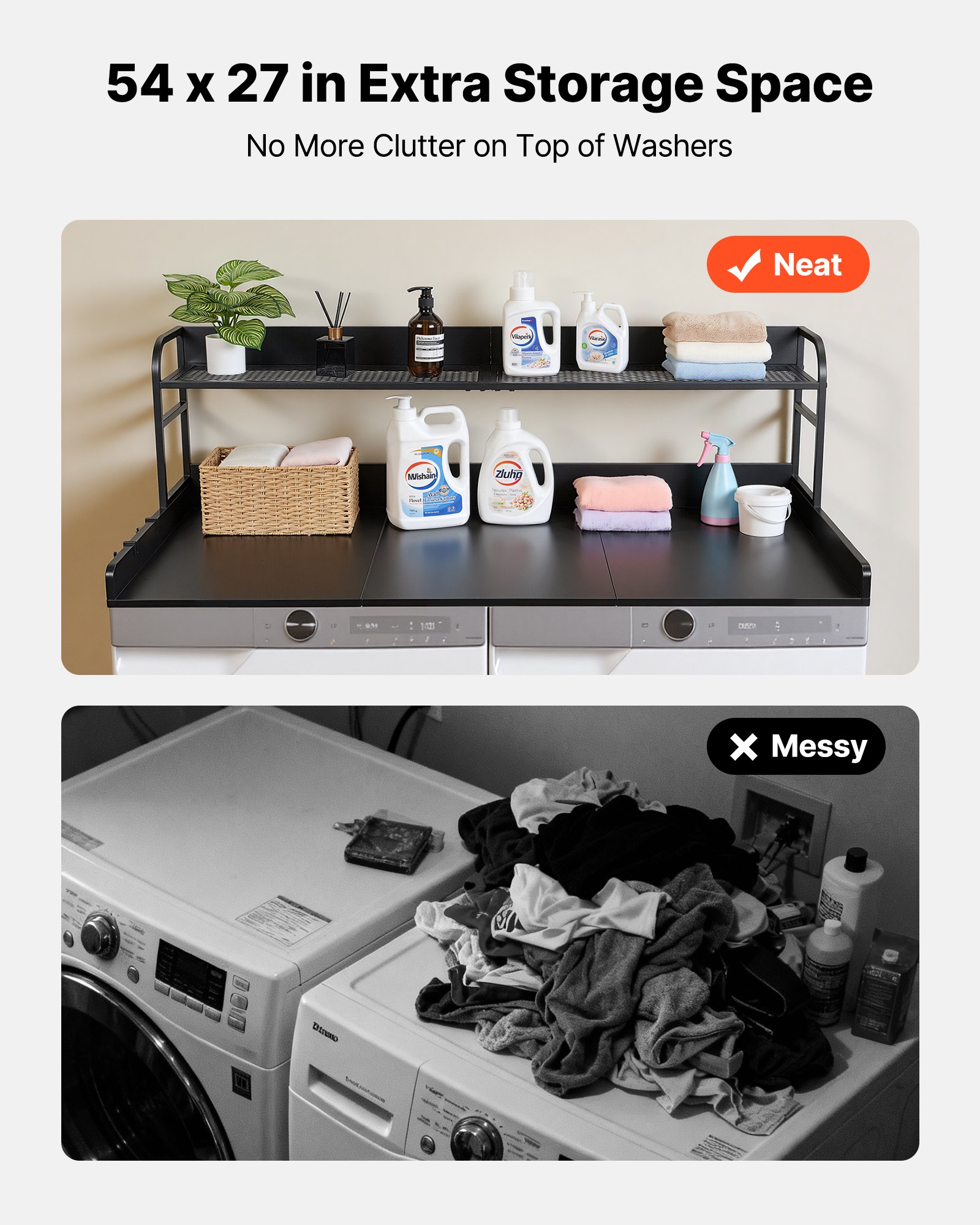 Washer Dryer Countertop With Shelf, 54 X 27.5 In Wooden Washer And Dryer Topper With Edge And 2 Hooks, Laundry Machine Topper For Laundry Closet Pantry Counter Organization And Storage, Black