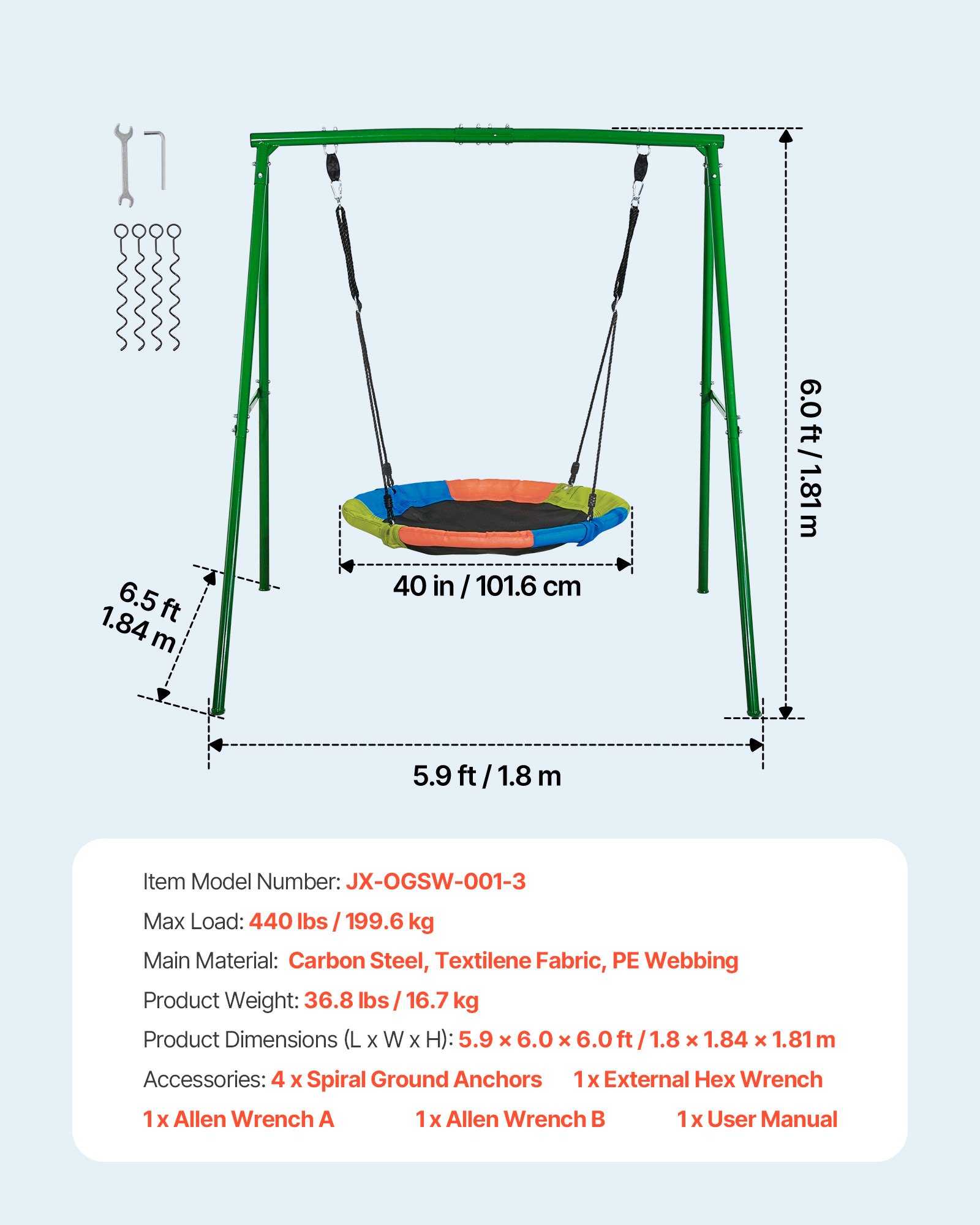Swing Set For Backyard, 40 In Saucer Swing Seat With Heavy Duty A-Frame Metal Stand, 440 Lbs Load Capacity, Reinforced With Spiral Ground Anchors, Swingset Outdoor For Kids, Green And Colorful - Image 1