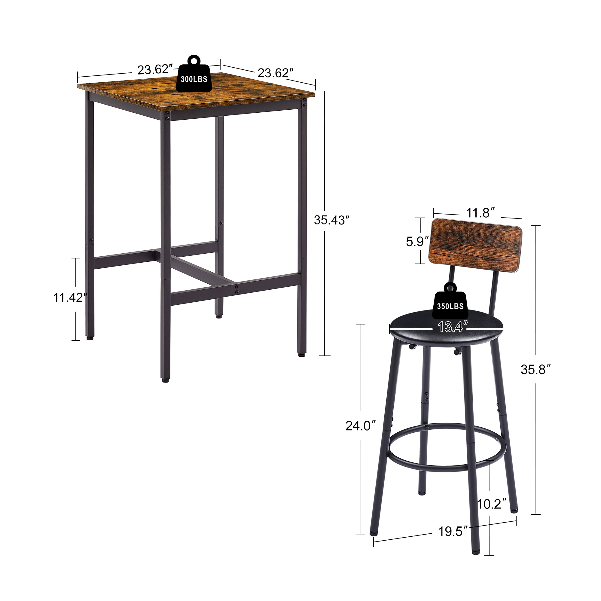 Bar Table Set With 2 Bar Stools PU Soft Seat With Backrest, Rustic Brown, 23.62  W X 23.62  D X 35.43  H