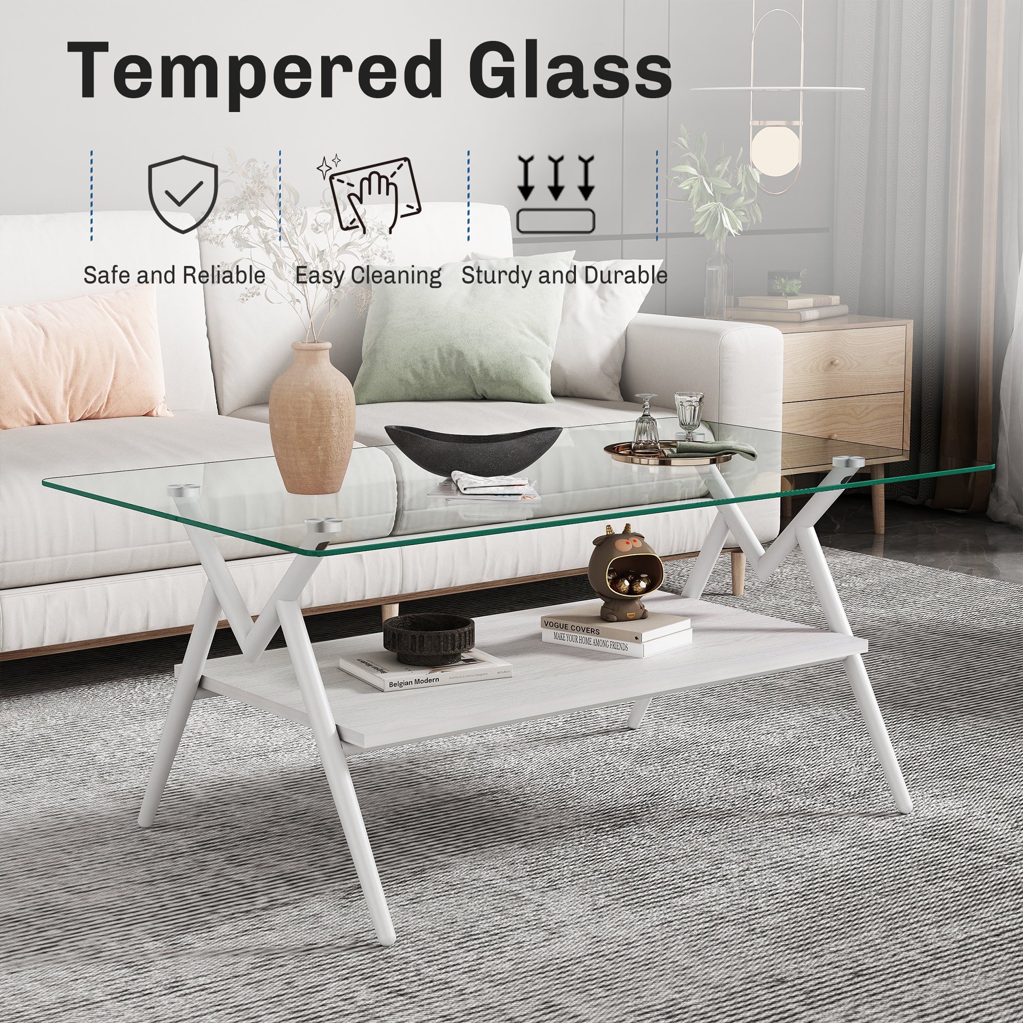 Coffee Table And End Tables Set Of 3, Tempered Glass Table With MDF Layer, Modern Tables For Living Room , Transparent Glass_voghion.com
