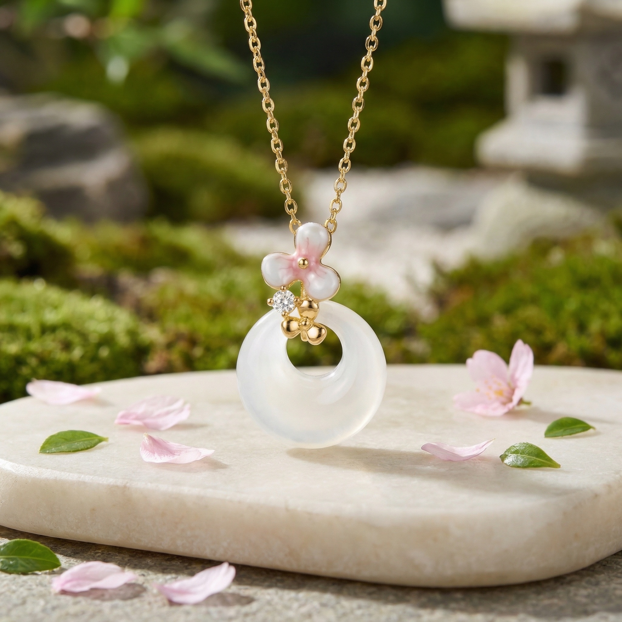 925 Sterling Silver Elegant White Jade Donut Necklace with Pink Blossom and Sparkling Gemstone Accents