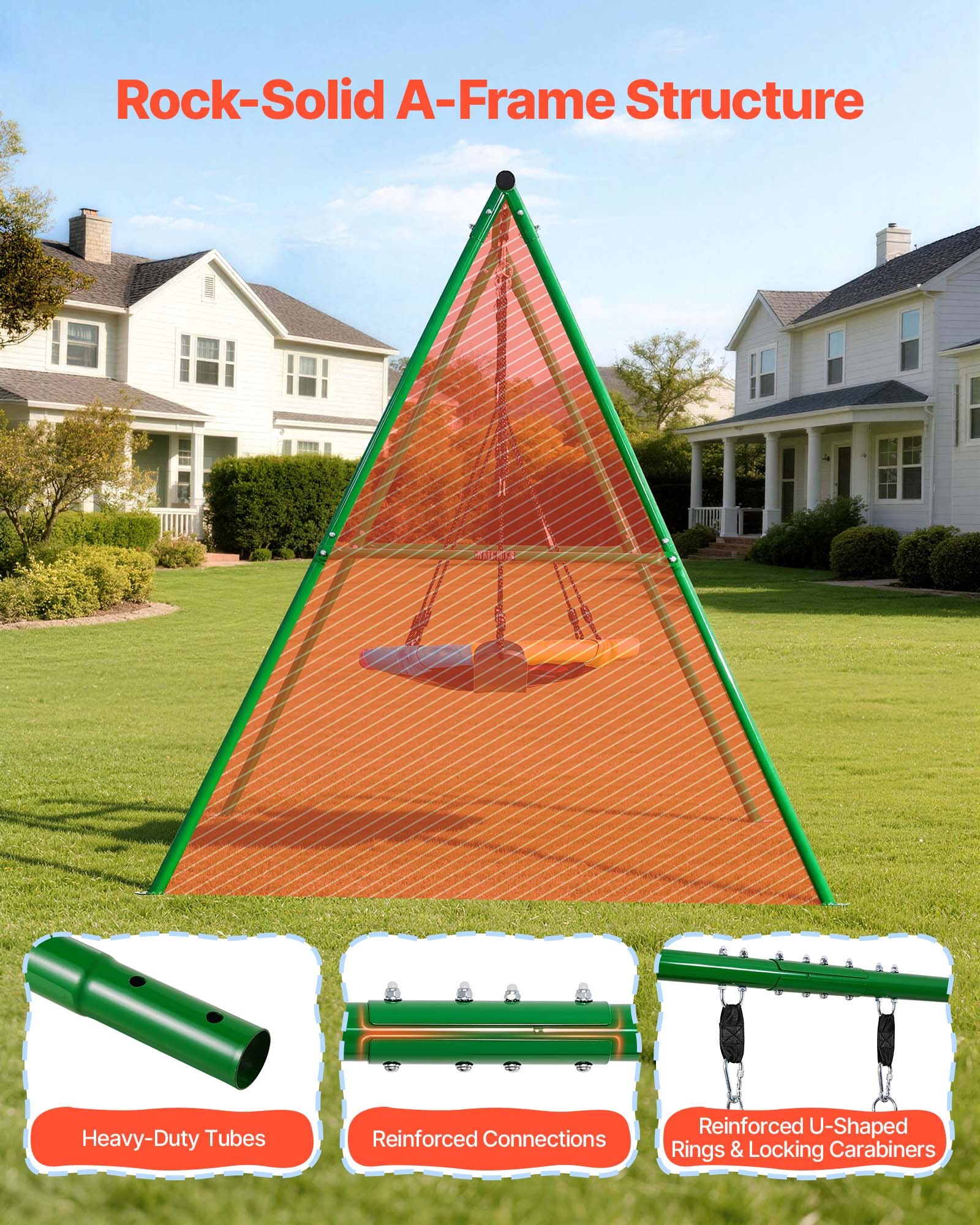 Swing Set For Backyard, 32 In Saucer Swing Seat And Belt Seat, With Heavy Duty A-Frame Metal Stand, 440 Lbs Load Capacity, Reinforced With Spiral Ground Anchors, Swingset Outdoor For Kids
