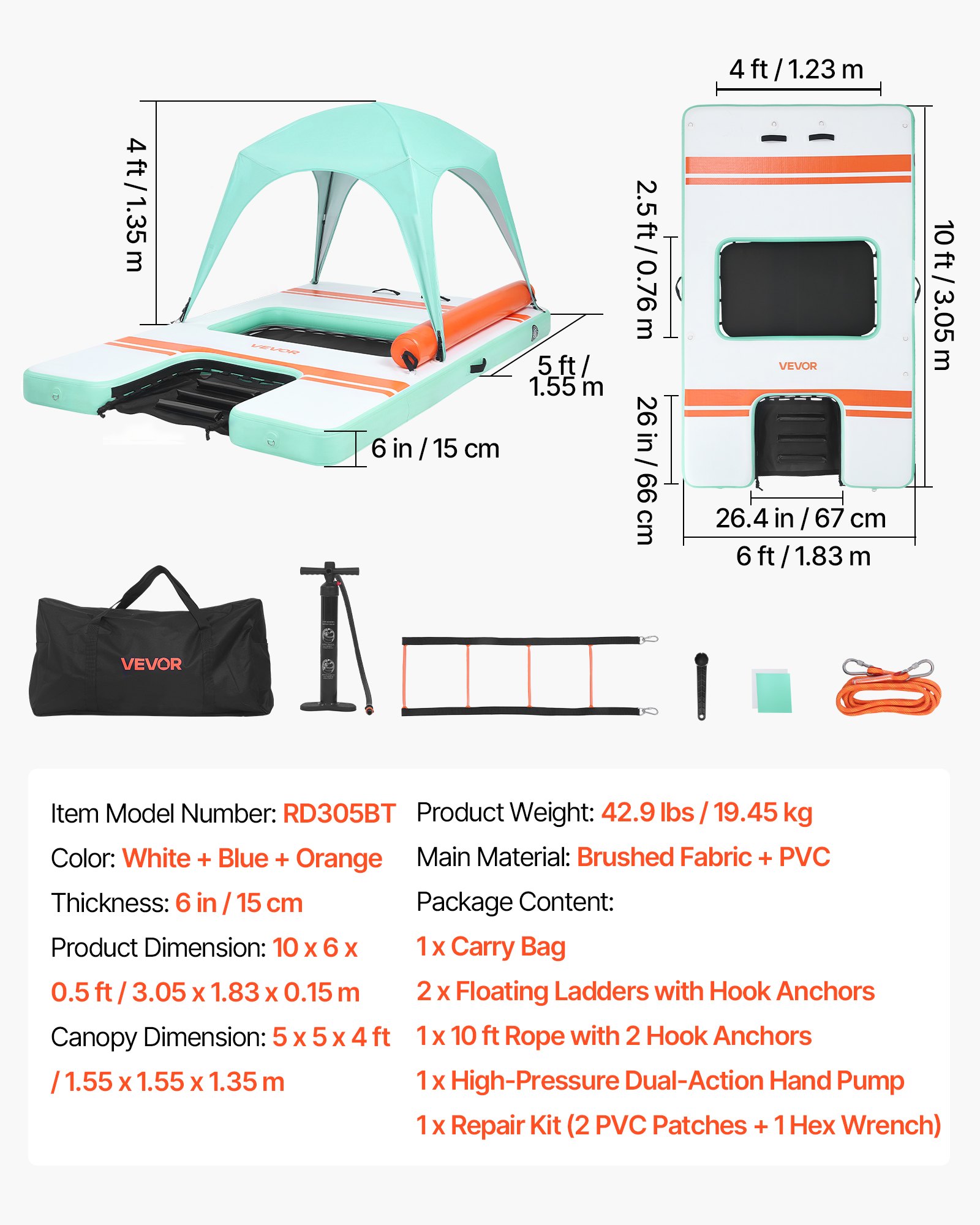 Inflatable Floating Dock, 10 X 6 FT Inflatable Dock Platform, Non-Slip Water Air Mat With Portable Carrying Bag And Detachable Ladder, Floating Water Platform Island Raft For Pool Beach Ocean