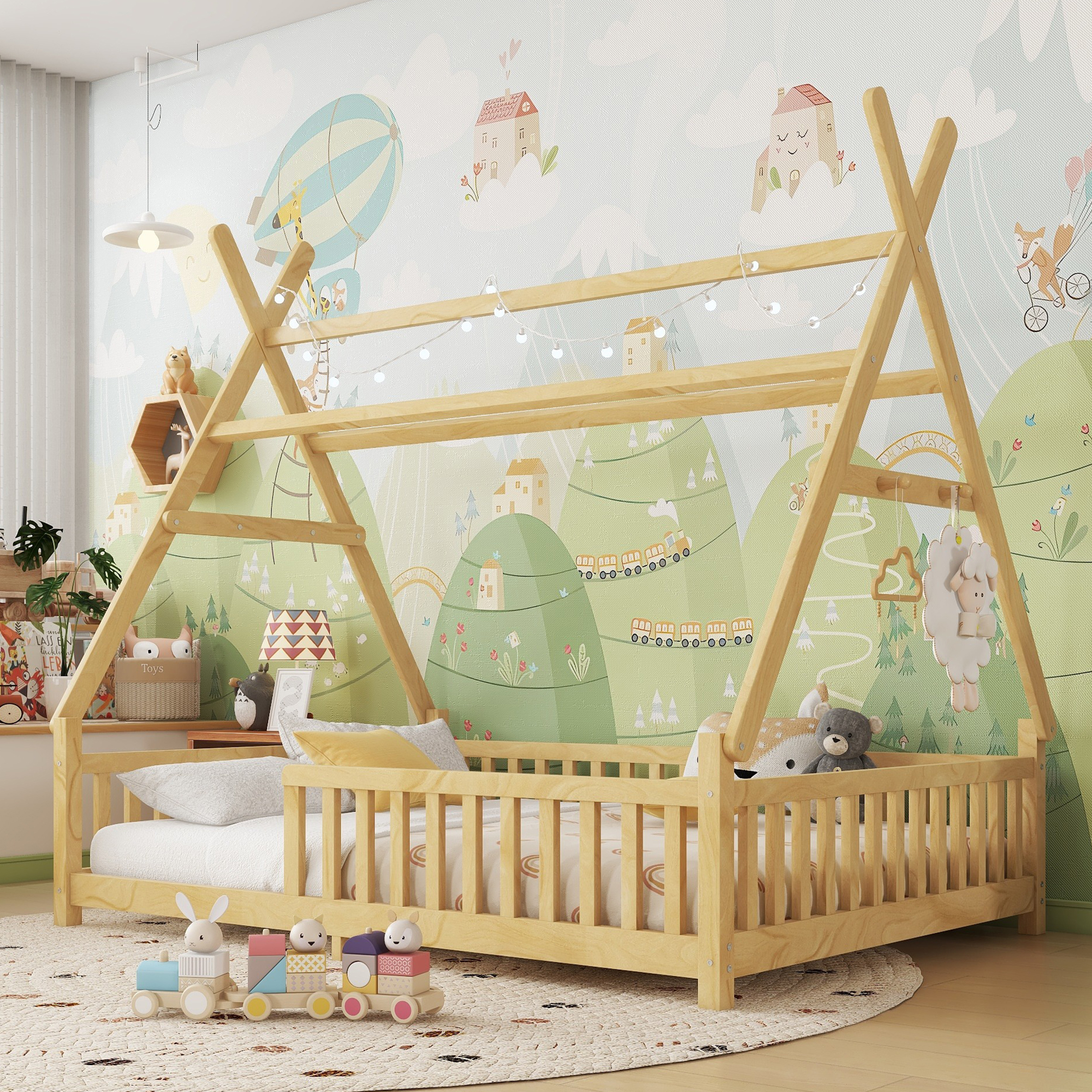 Full House Bed With Light, Low Floor House Bed With Fence And Roof For Kids Boys Girls,Natural - Image 1