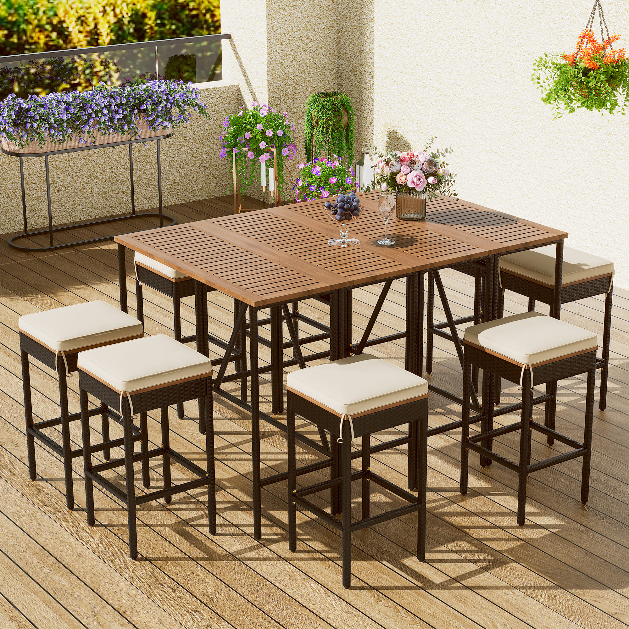 10-Piece Outdoor Acacia Wood Bar Height Table and Eight Stools β photo 4
