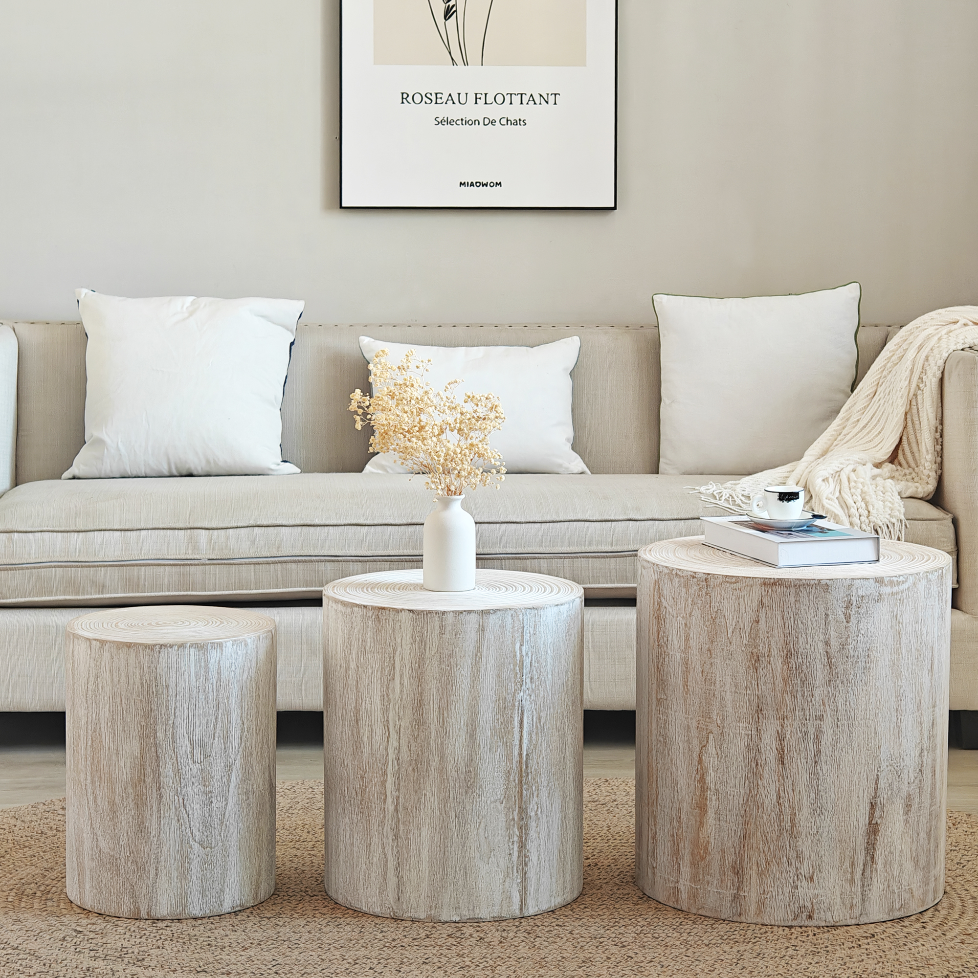 Set Of 3, Rounded Wood Coffee Tables, End Tables, Plant Stands,Decorative Accent Pieces - Whitewashed Wood Finish