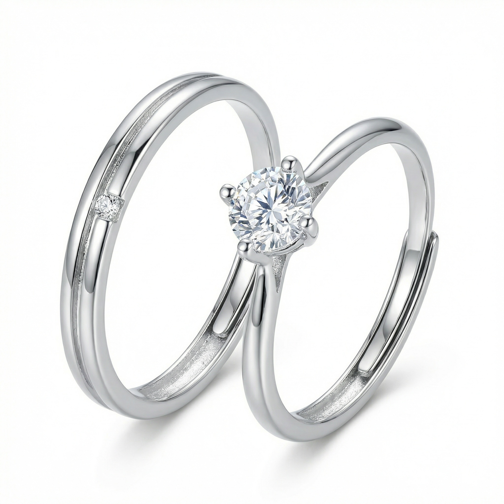 925 Sterling Silver Elegant Silver Couple Ring Set featuring a Brilliant Solitaire Stone 