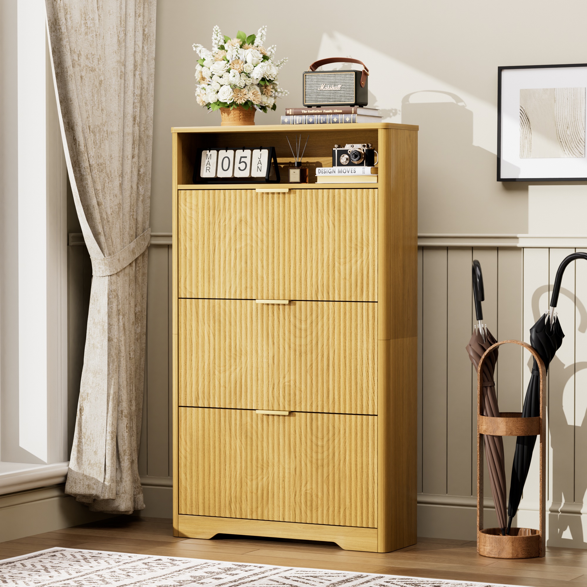 Shoe Cabinet Storage For Entryway Hidden Shoes Storage Cabinet With 3 Flip Drawers, Tall Free Standing Shoe Organizer Rack For Foyer, Hallway. Natural,31.6  L X 9.6  W X 54.4  H. - Image 1