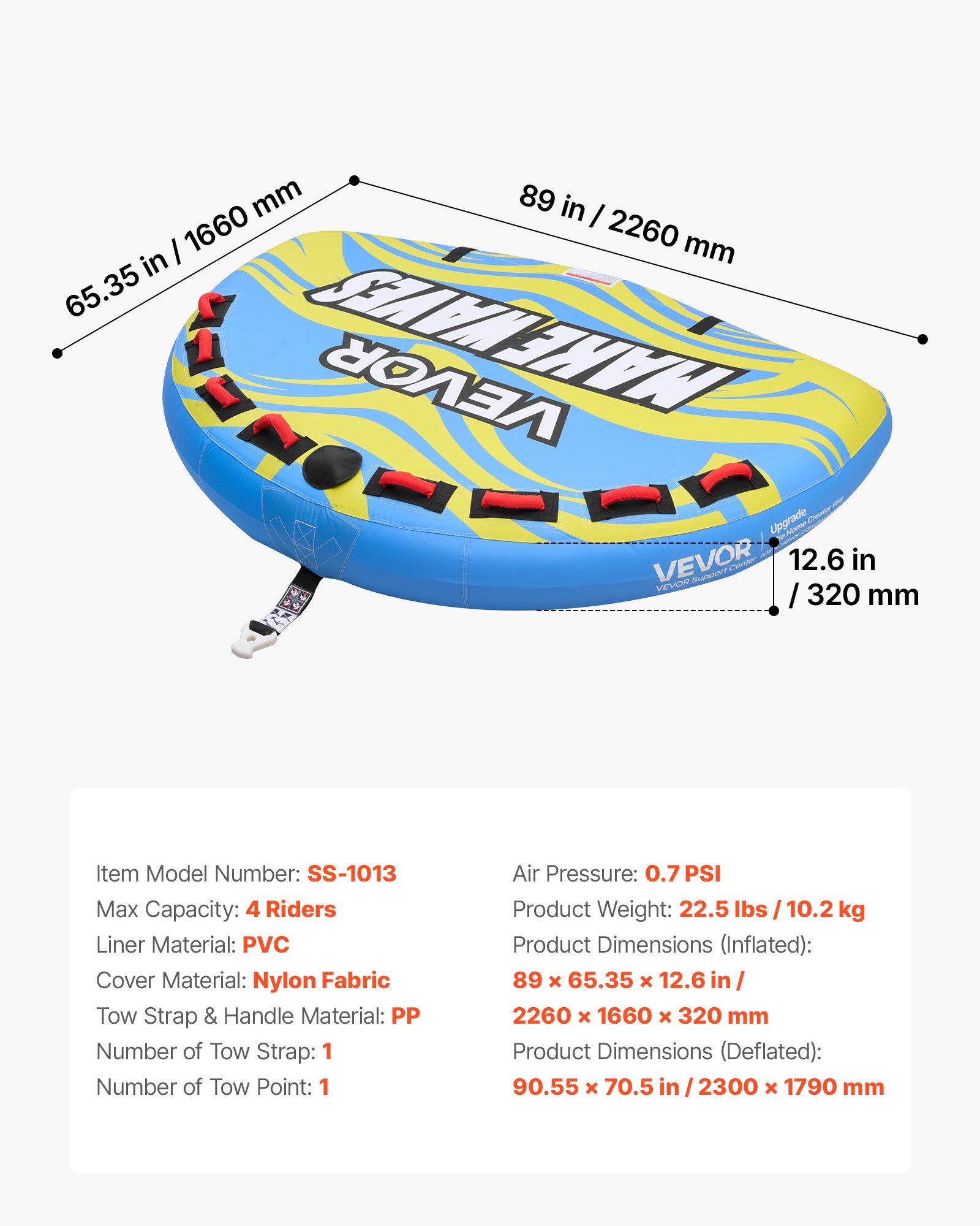 Towable Tube For Boating, 4 Riders Inflatable Boat Tubes And Towables, 680 Lbs Capacity Water Sport Towable Tube For Boat To Pull - With Fins, Full Nylon Cover, Padded Handles & Safety Valve