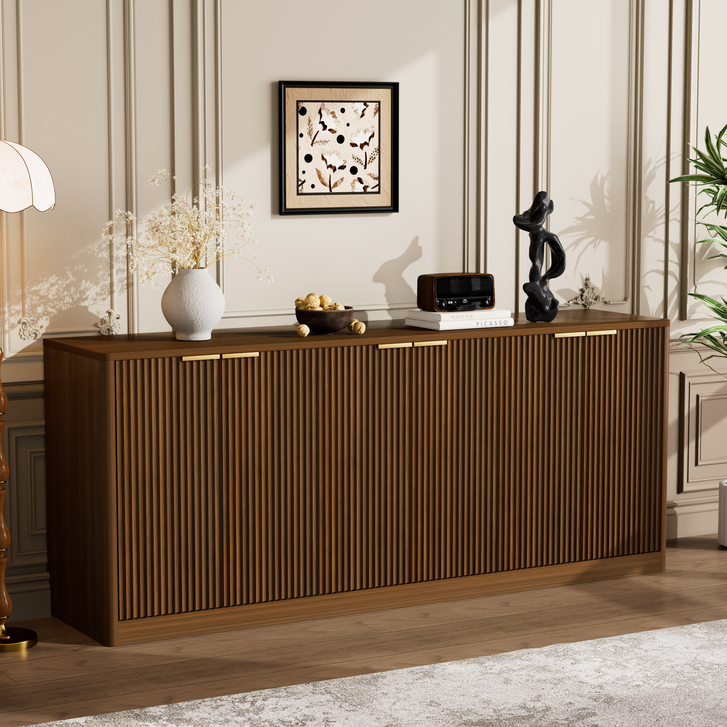 67-inch Modern Wavy Sideboard, Curved Contour Design Storage Cabinet, 6-door Cabinet With Storage Function, Suitable For Kitchen   Bedroom   Living Room, Walnut, 67.0 L X 15.7 W X 27.7 H