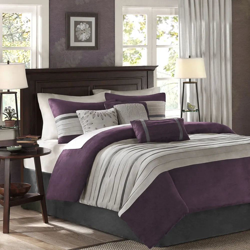 7 PC Pieced Faux Suede Comforter Set Purple King