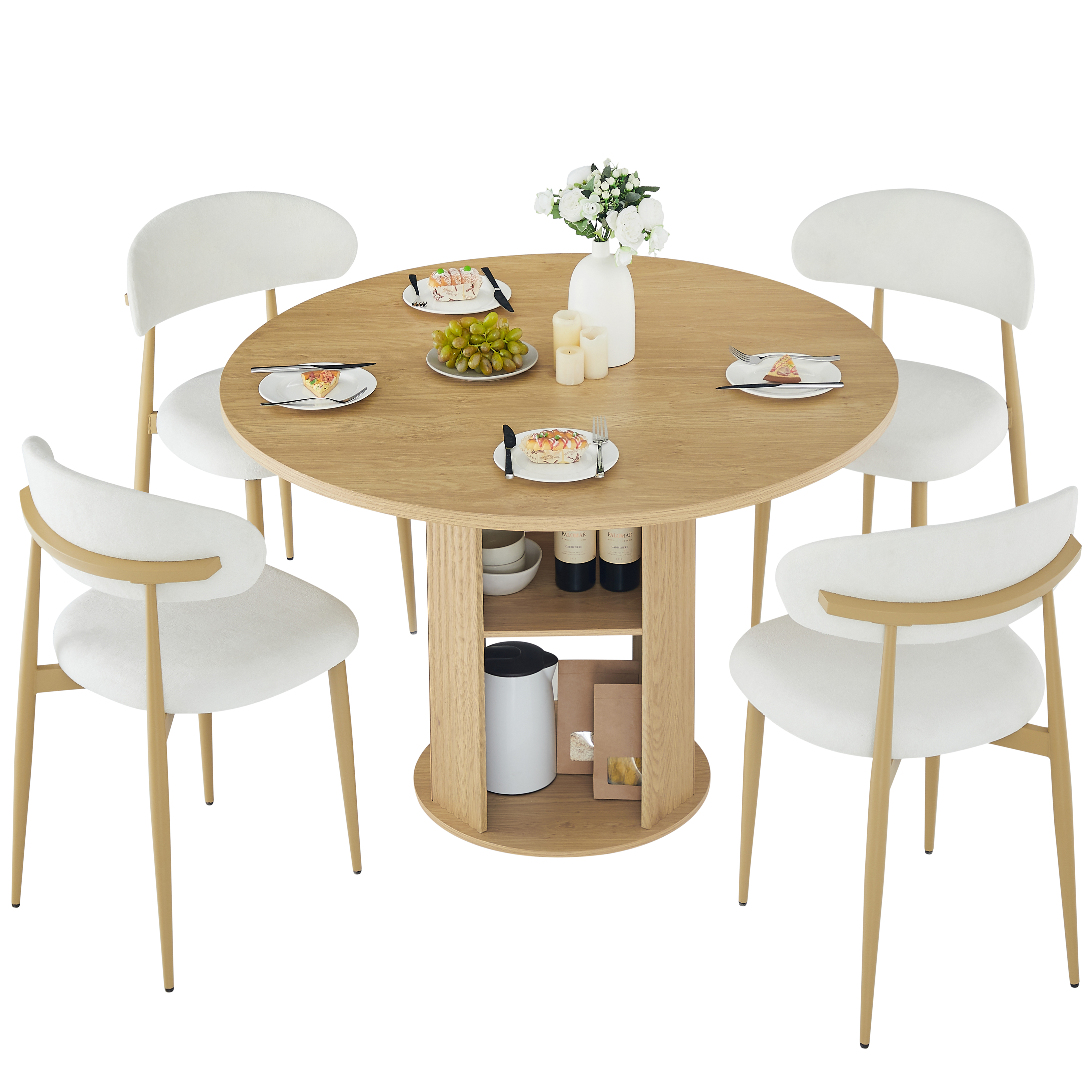 47.24  Round Dining Table  Serves 2-4  With Two Dining Chairs Blends Modern And Farmhouse Styles, Featuring A Double-tiered Storage Shelf, Suitable For Dining Rooms Or Living Spaces.Natural - Image 1