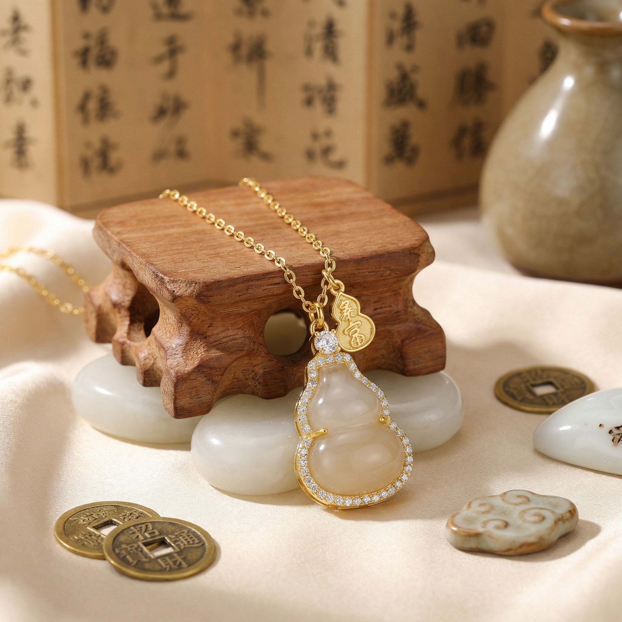 925 Sterling Silver Elegant Gourd Nephrite Jade Pendant Necklace with Sparkling Gemstone Halo and Wealth Charm