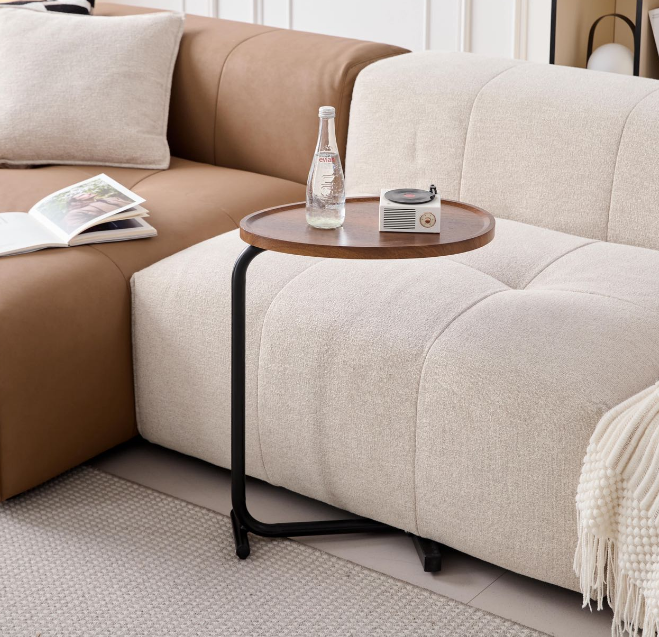 2-pieces Brown C-shaped Side Table, Small Sofa Table For Small Spaces, Living Room, Bedroom