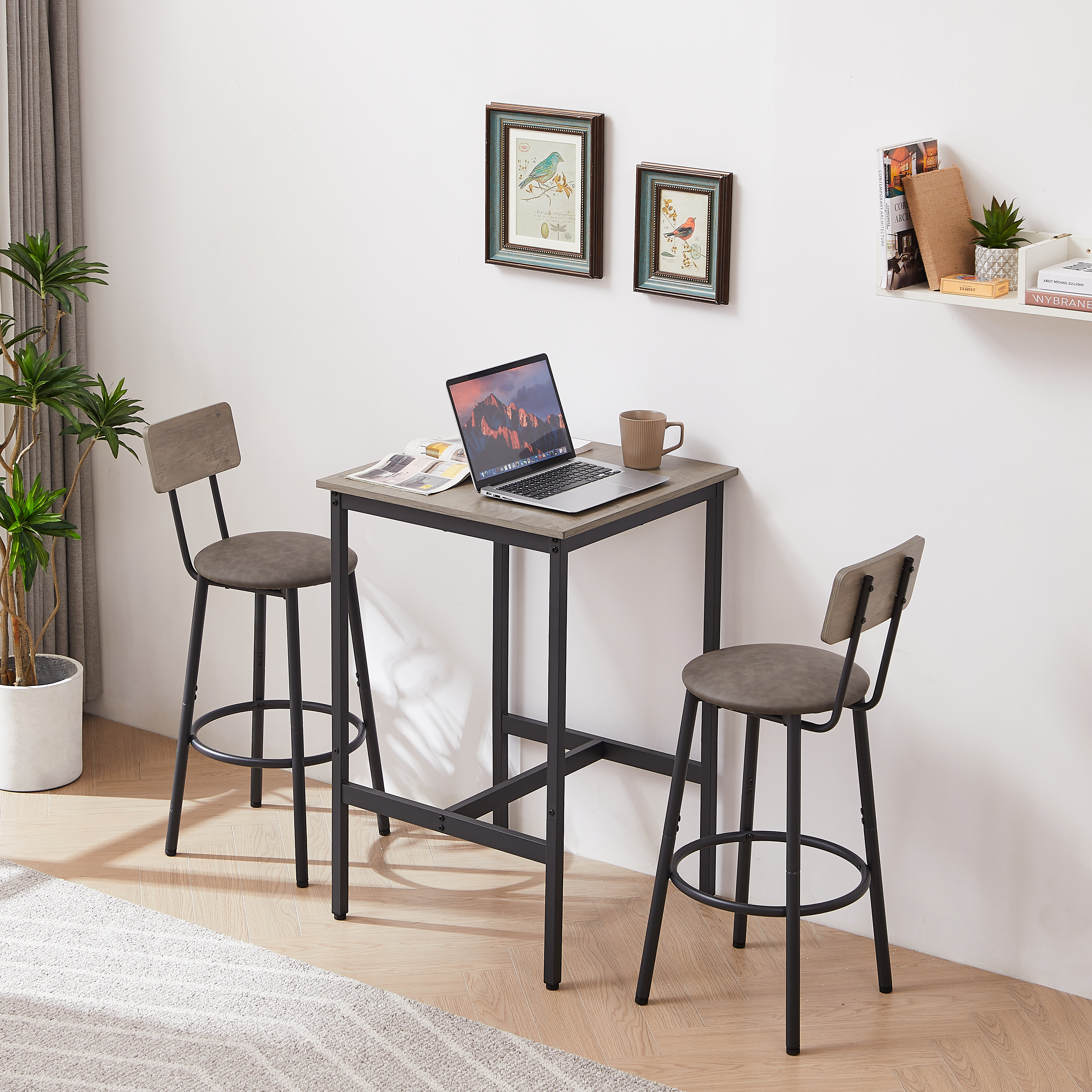 Bar Table Set With 2 Bar Stools PU Soft Seat With Backrest, Grey, 23.62  W X 23.62  D X 35.43  H - Image 1