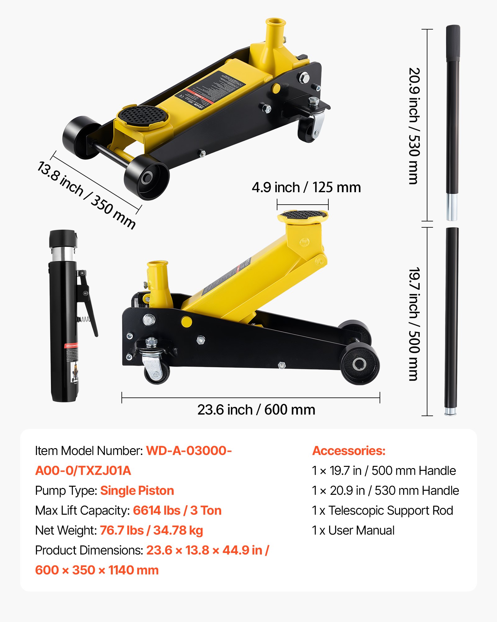 Low Profile Floor Jack, 3 Ton (6614 Lbs) Capacity, Steel Racing Floor Jack With Single Piston Quick Lift Pump, Hydraulic Trolley Car Lift For Sports Cars, SUVs, Pickups, Lifting Range 5.1"-19.7" - Image 1
