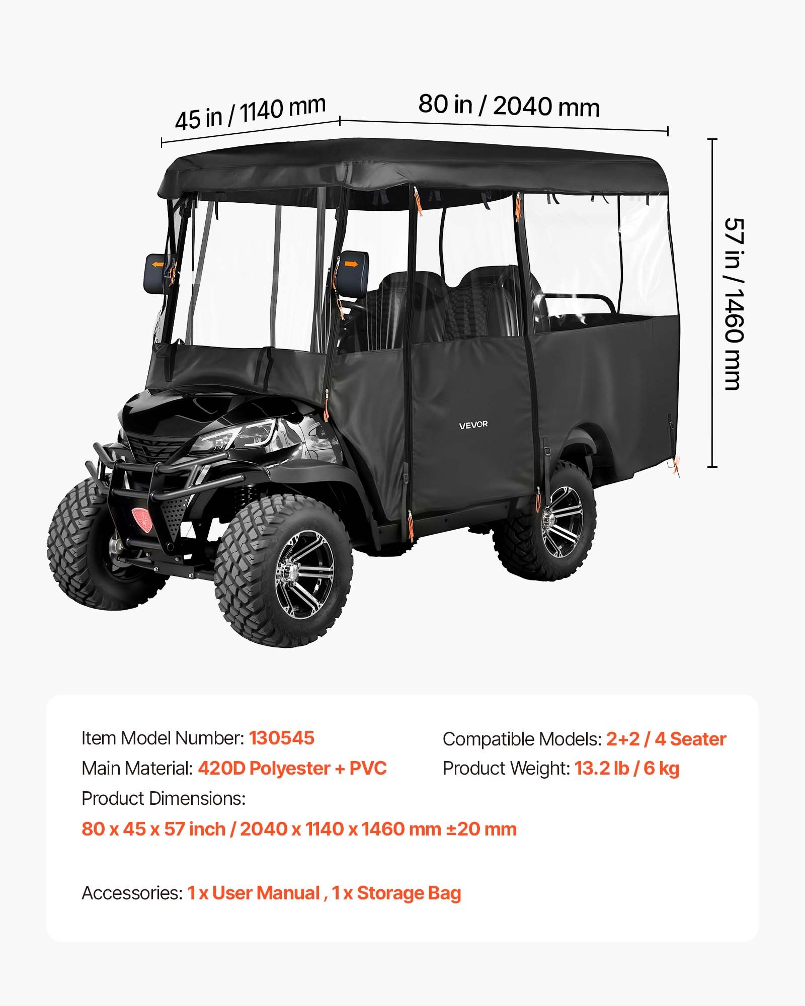 Golf Cart Cover, Visible Full-Enclosure 2+2/4 Passenger Golf Cart, 420D Waterproof Oxford Fabric Club Car Cover Fits Most Carts Club Car, Yamaha, EZGO, Honda, PVC Coating & Windproof Hook Design