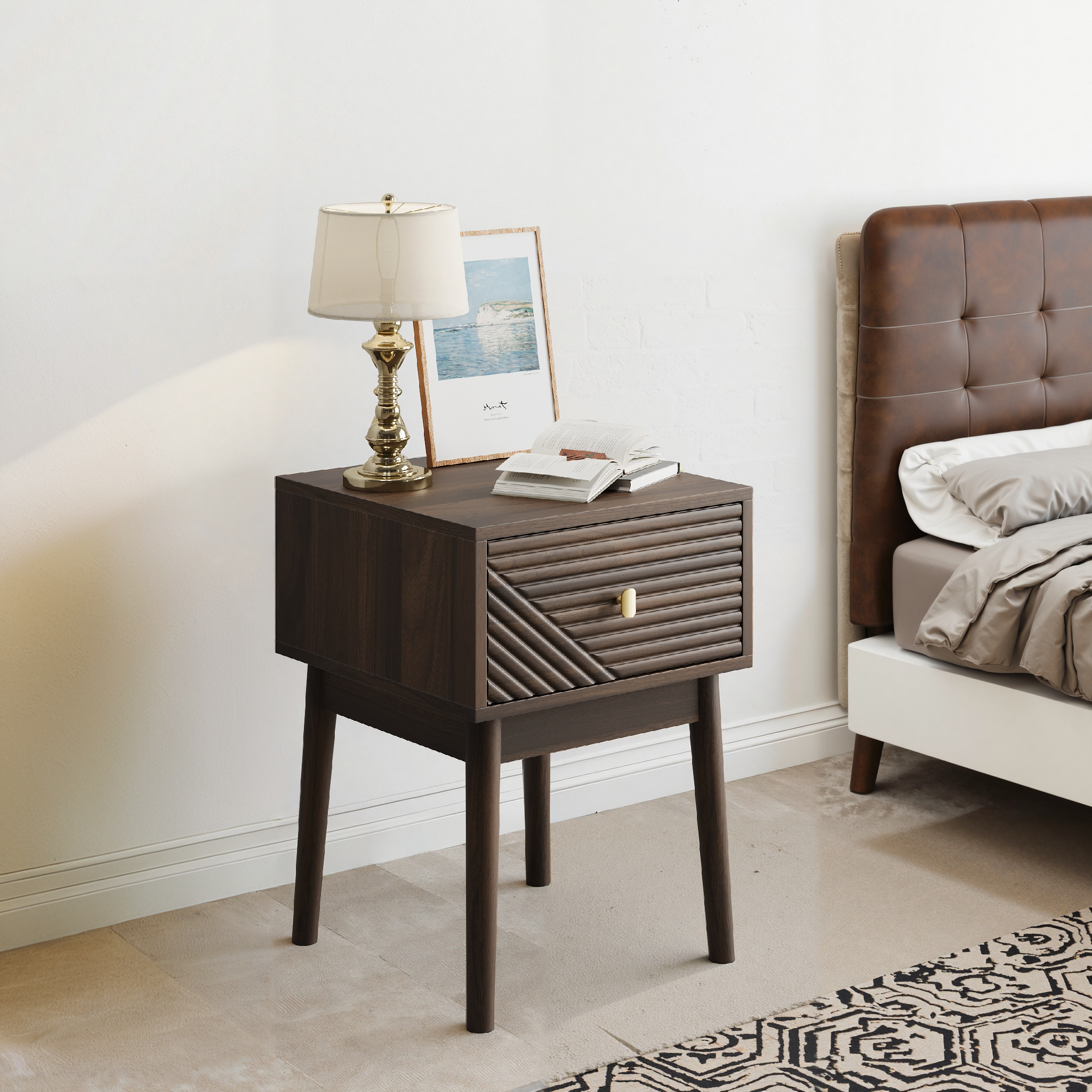 Medieval-Modern Style Walnut Bedside Table, Bedroom Bedside Table With Metal Handles, 15.75 X 15.75 X 21.65 Inches, 2-Piece Set