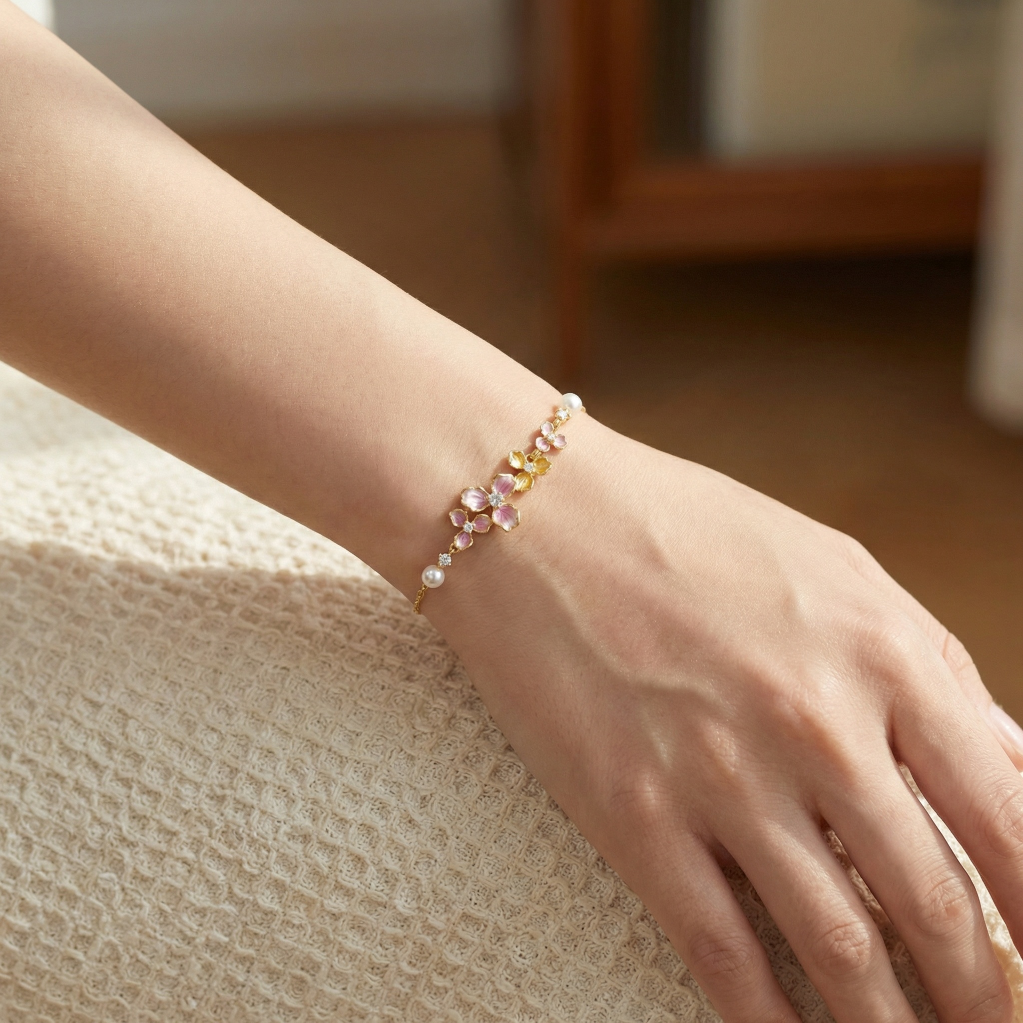 925 Sterling Silver Elegant Enamel Floral Bracelet with Lustrous Pearls and Shimmering Crystals