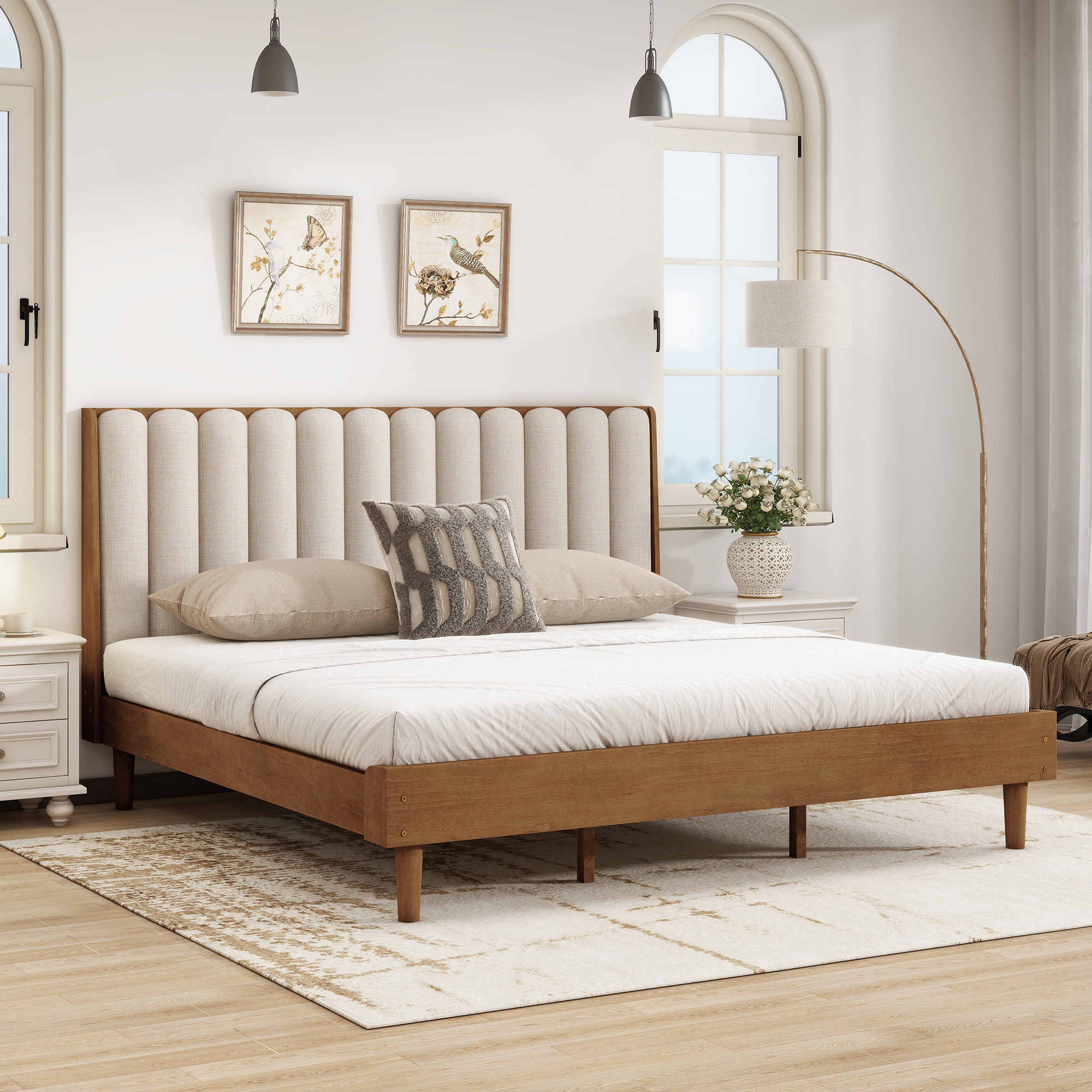 King Size Wood Bed with Piano Key Style Upholstered Headboard — photo 4