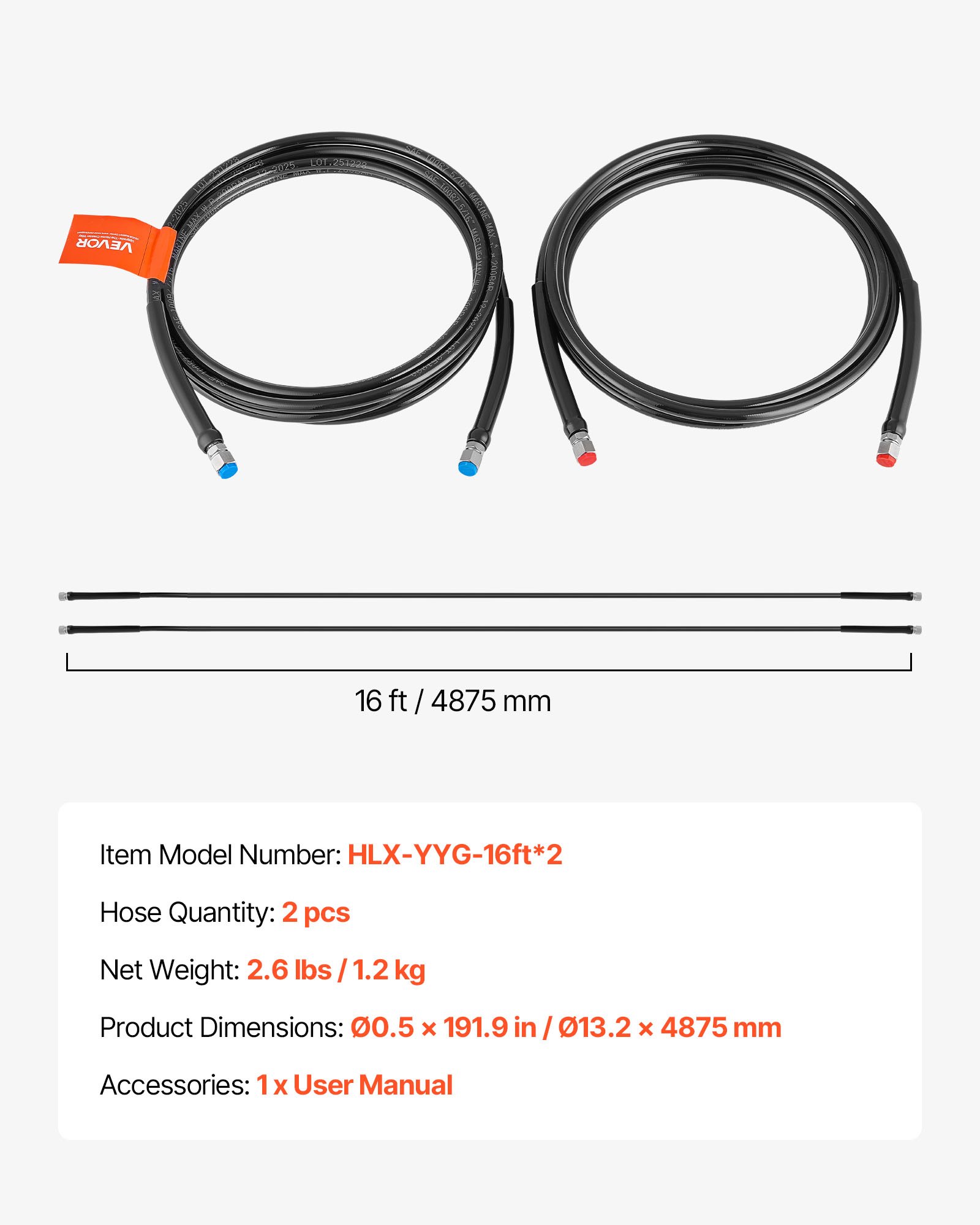 Hydraulic Hose Kit, 16 Ft 2-Piece Leak-Proof TPEE Outboard Steering Hose Kit With 304 Stainless Steel Connector, Compatible With Marine Outboard Steering Systems, 20 MPa Max Working Pressure
