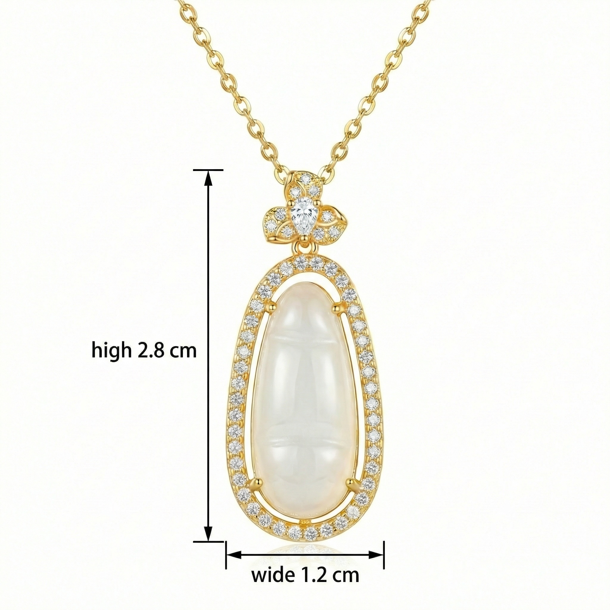 925 Sterling Silver Elegant Pear-Shaped Milky White Jade Pendant with Sparkling Diamond Halo and Floral Accents
