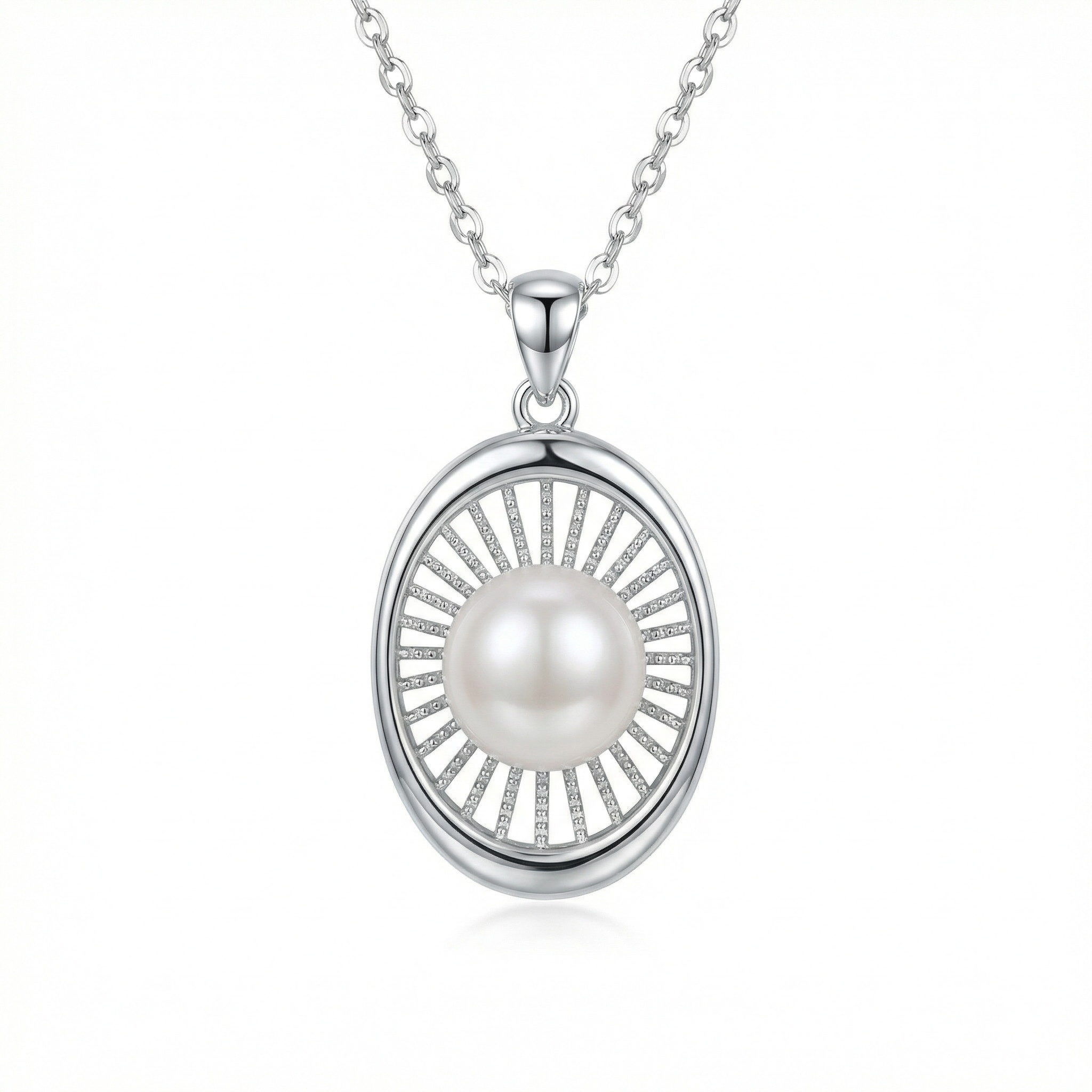 925 Sterling Silver Elegant Sterling Silver Oval Pendant Necklace with Central Pearl and Radiant Sunburst Design