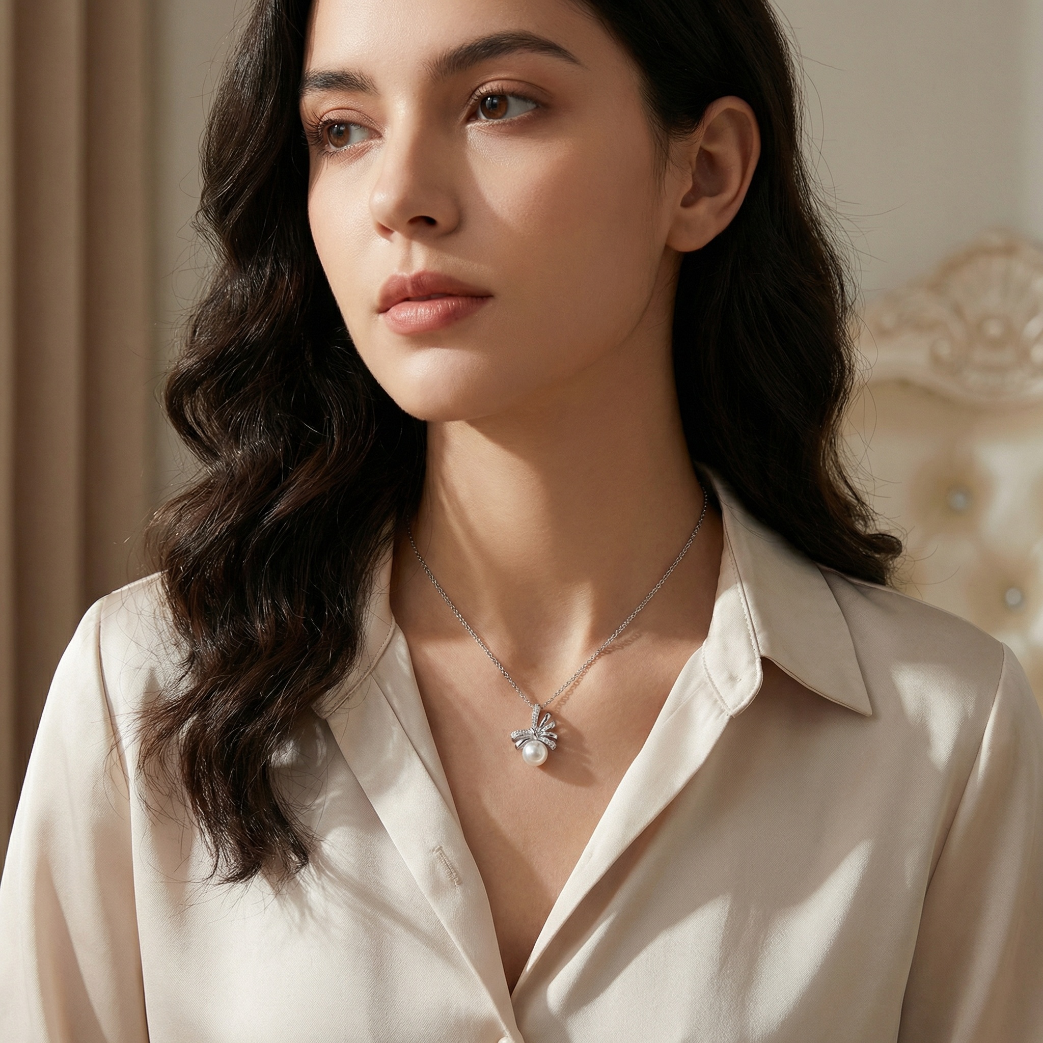 925 Sterling Silver Elegant Sterling Silver Bow Knot Pendant Necklace Featuring a Lustrous White Pearl and Sparkling Accents. - Image 1