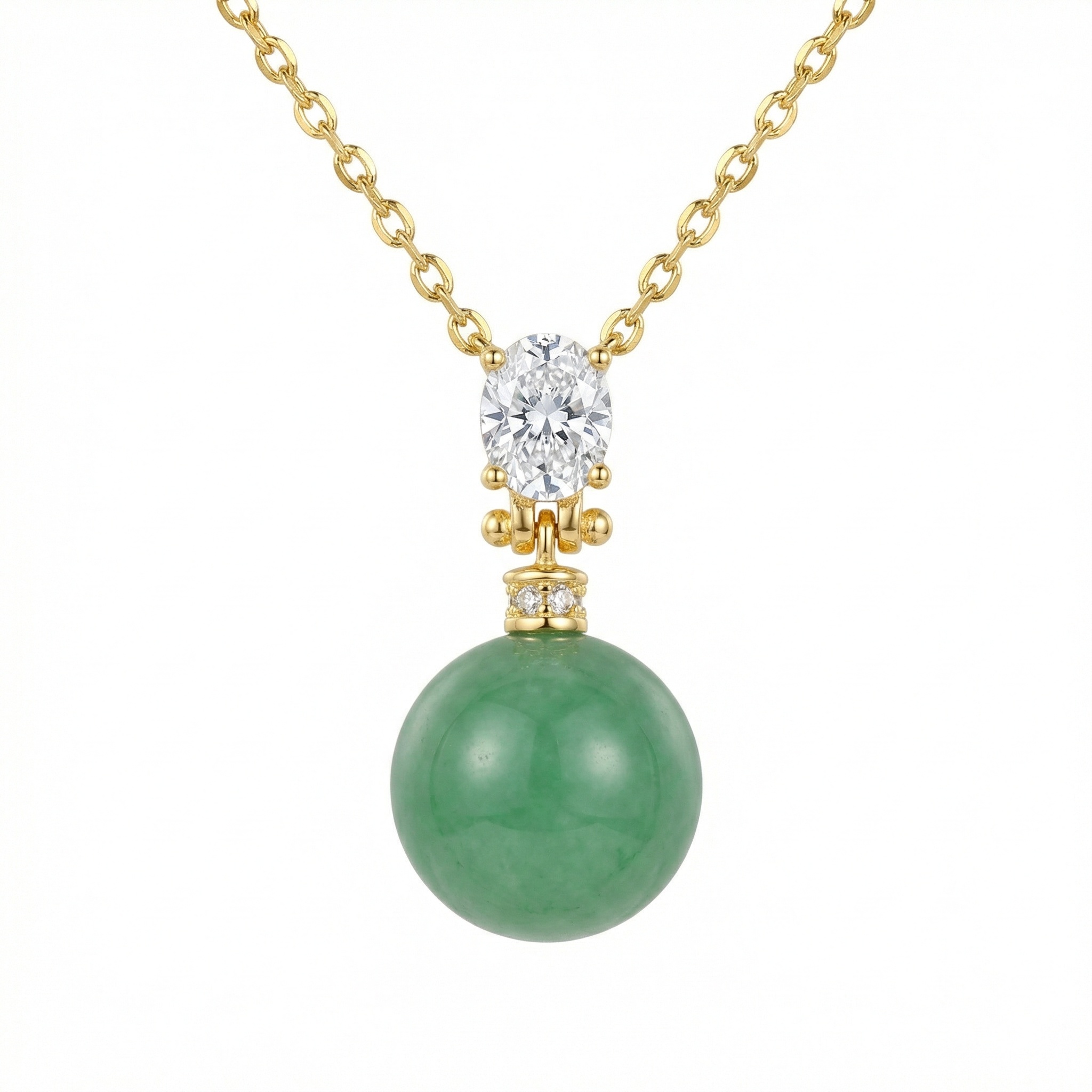 925 Sterling Silver Elegant Green Jade Sphere Pendant with Oval Gemstone Accent 