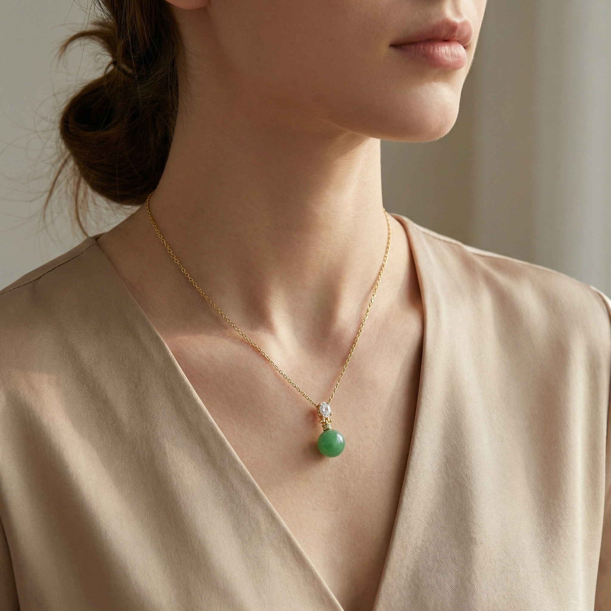 925 Sterling Silver Elegant Green Jade Sphere Pendant with Oval Gemstone Accent 