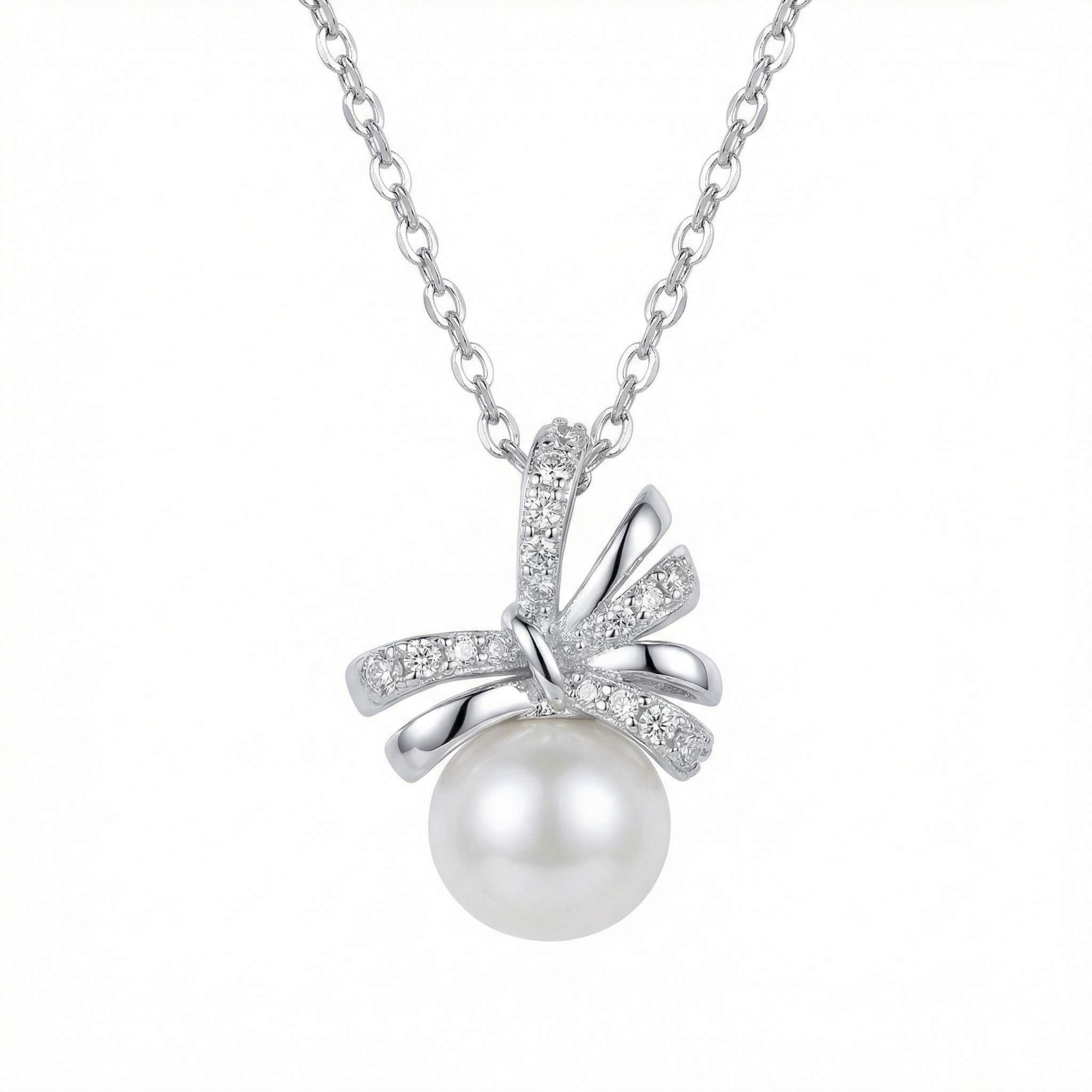 925 Sterling Silver Elegant Sterling Silver Bow Knot Pendant Necklace Featuring a Lustrous White Pearl and Sparkling Accents. 