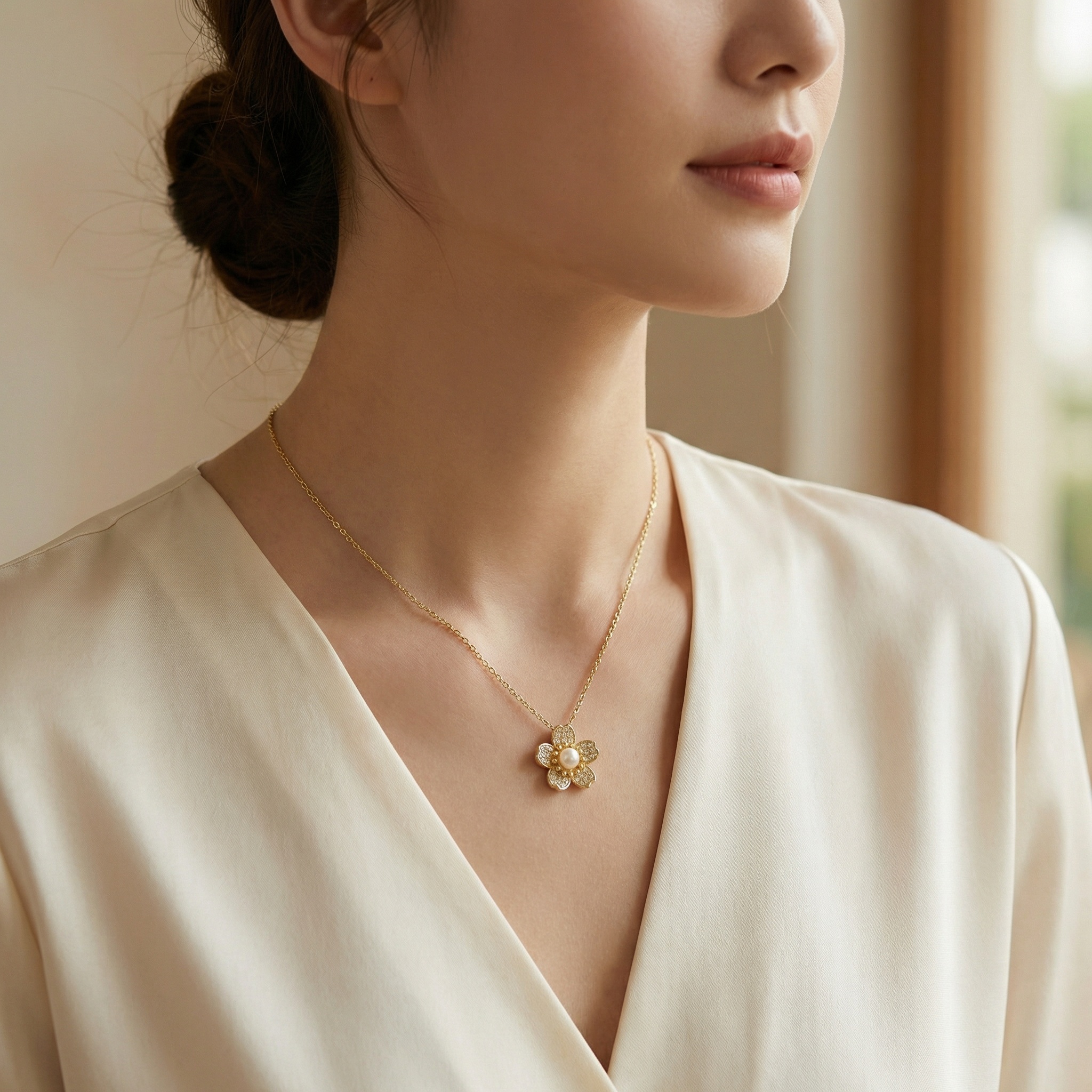 925 Sterling Silver Elegant Floral Pendant Necklace with Sparkling Pavé Petals and a Central Lustrous Pearl 