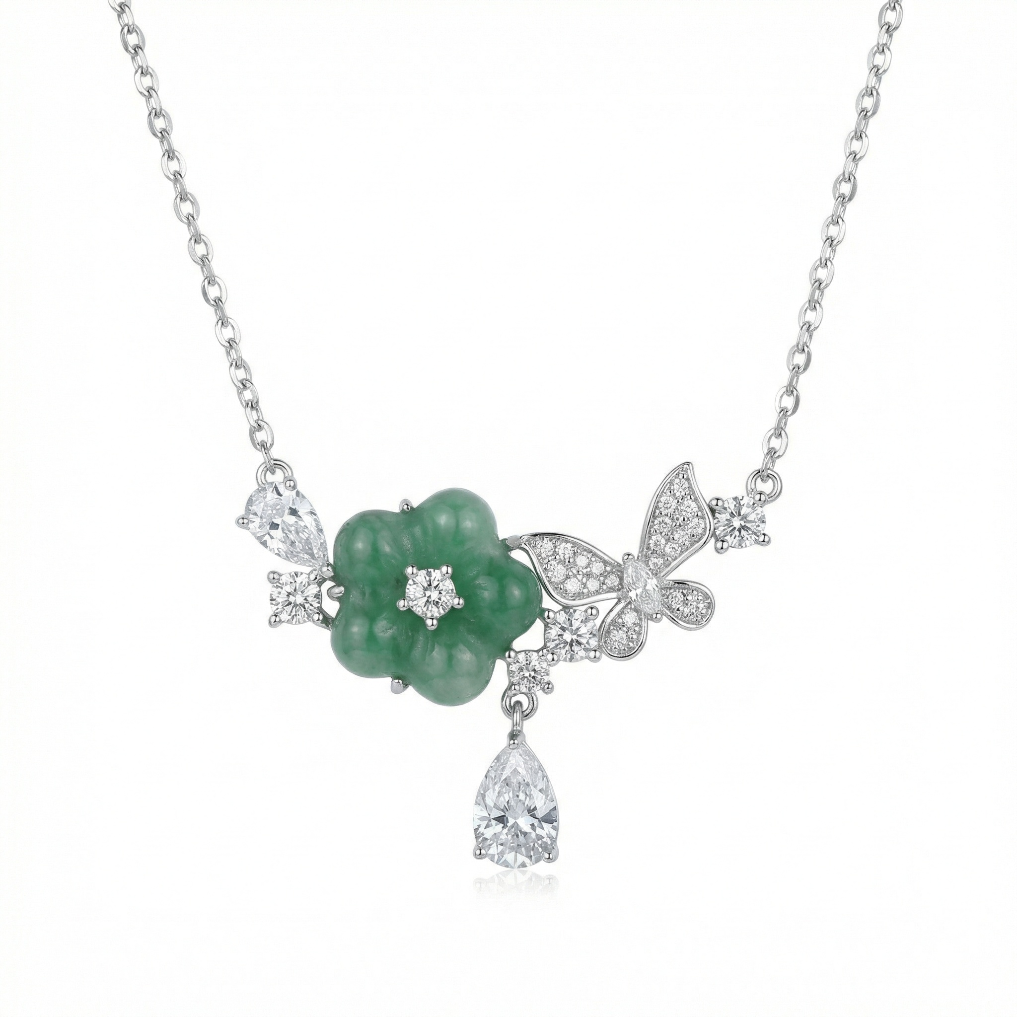 925 Sterling Silver Elegant Silver Necklace Featuring Green Jade Flower and Diamond Butterfly Accents 