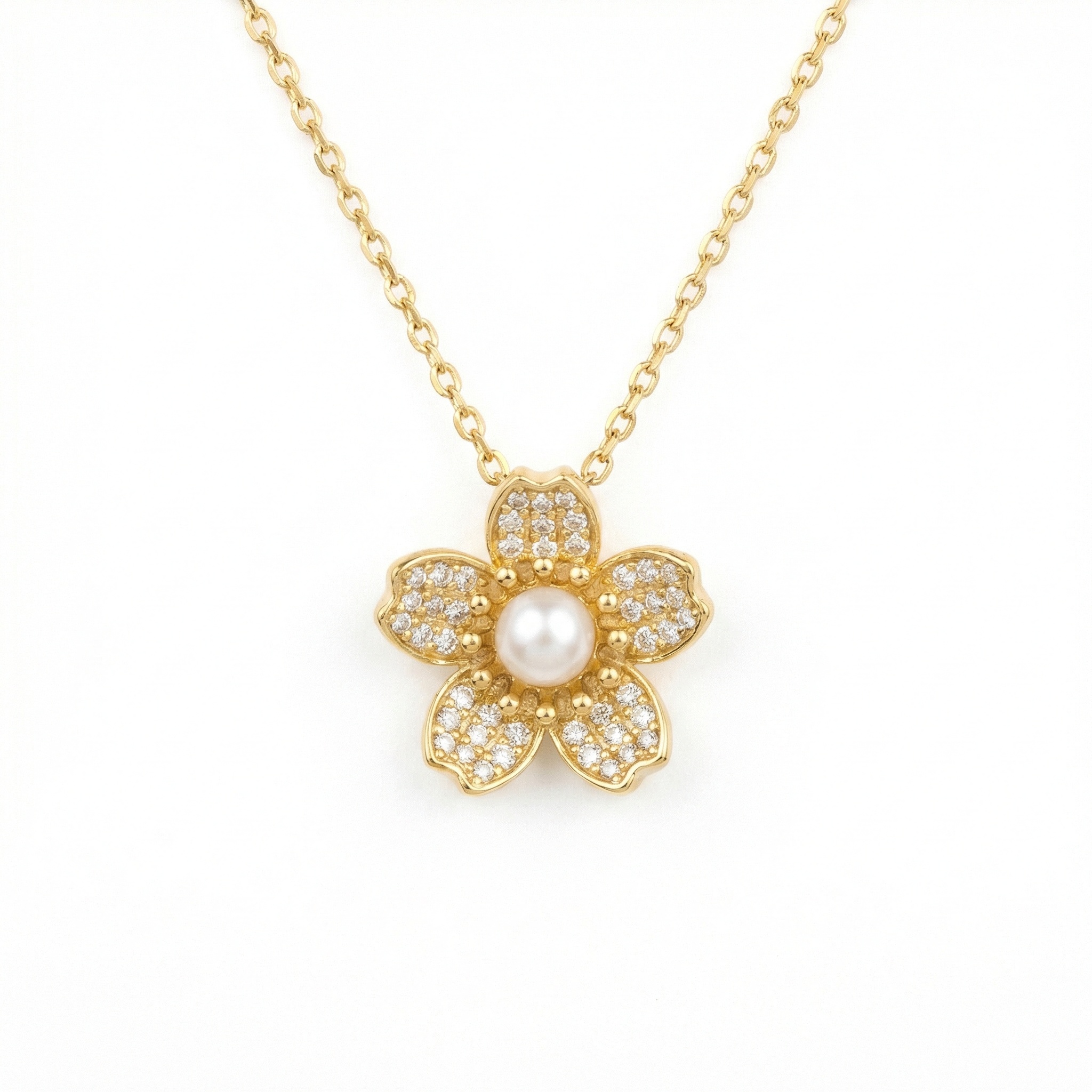925 Sterling Silver Elegant Floral Pendant Necklace with Sparkling Pavé Petals and a Central Lustrous Pearl  - Image 1