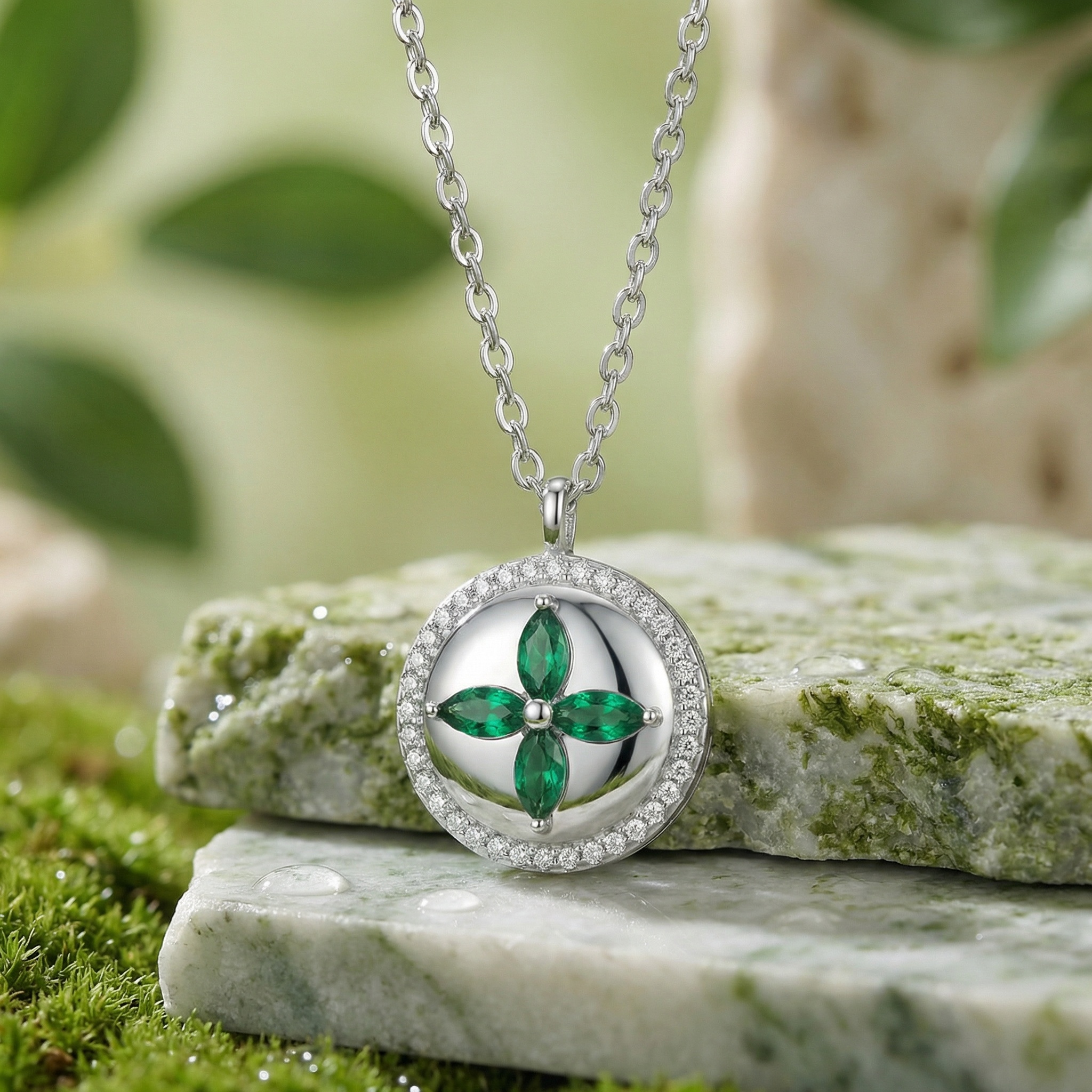 925 Sterling Silver Elegant Silver Necklace Featuring a Green Floral Pendant with Sparkling Halo Accents  - Image 1