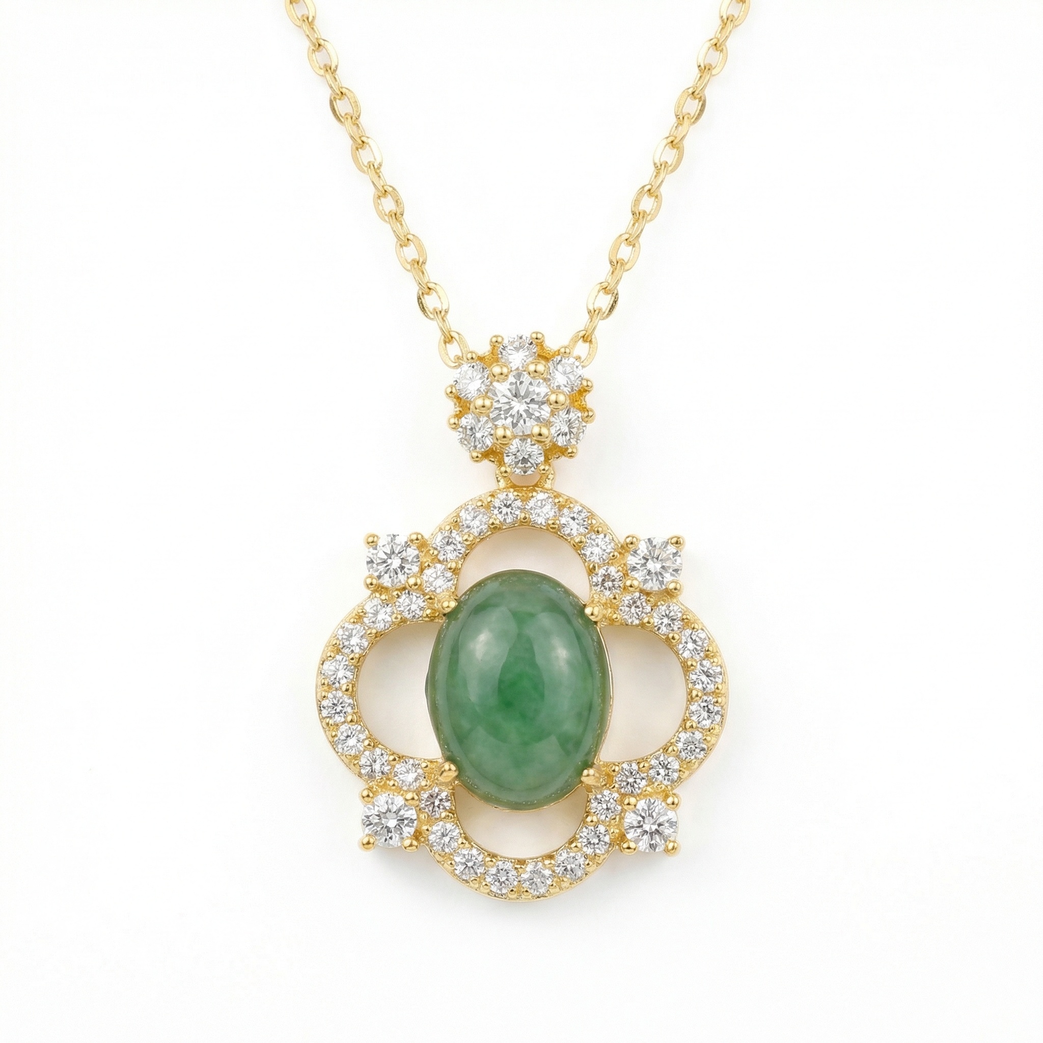 925 Sterling Silver Ornate Green Jade Cabochon Pendant with Brilliant Diamond Halo on a Classic Chain  - Image 1