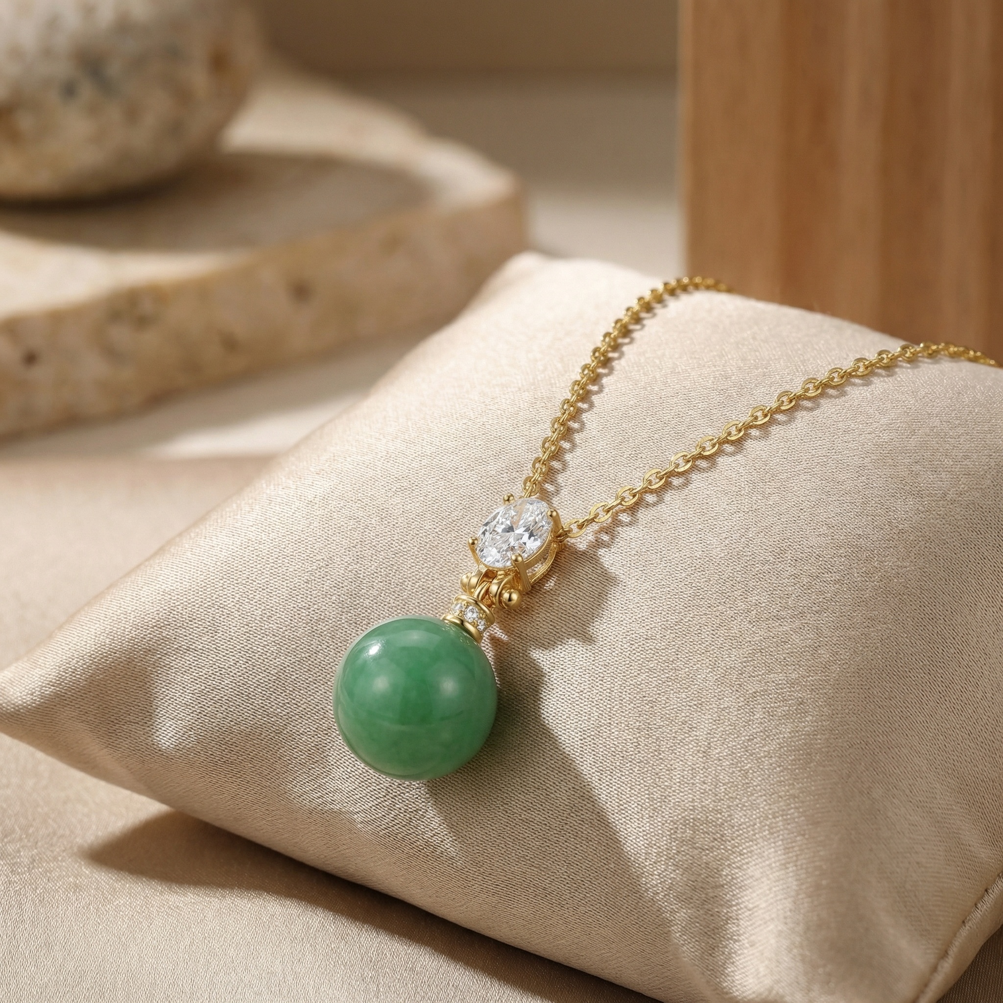 925 Sterling Silver Elegant Green Jade Sphere Pendant with Oval Gemstone Accent 