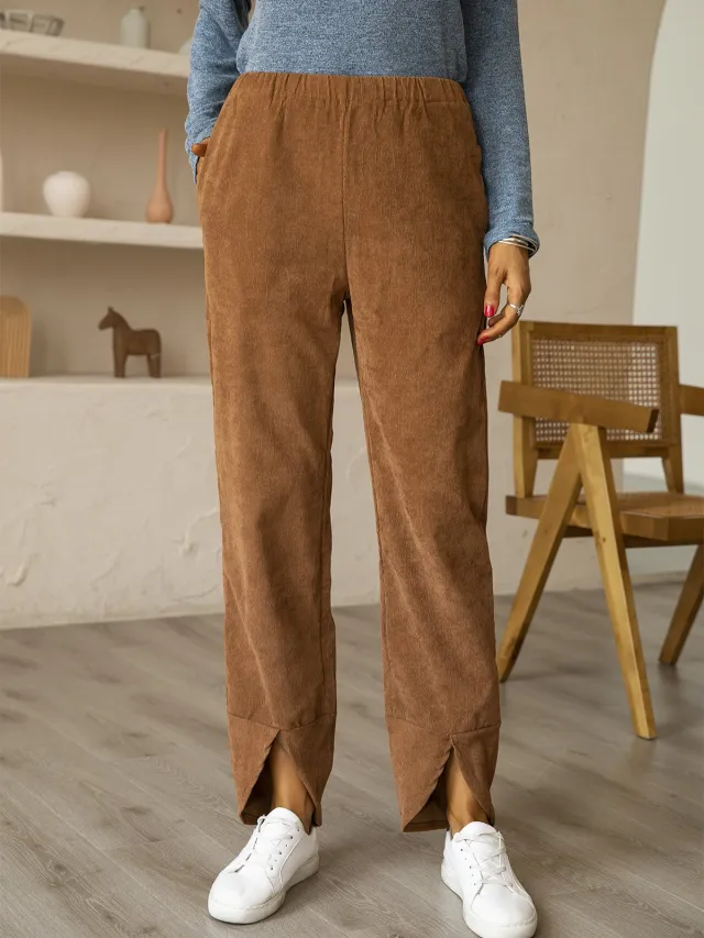 Autumn And Winter Thick Corduroy Elastic Waist Straight Casual Pants Brown - Shop at LoveMi