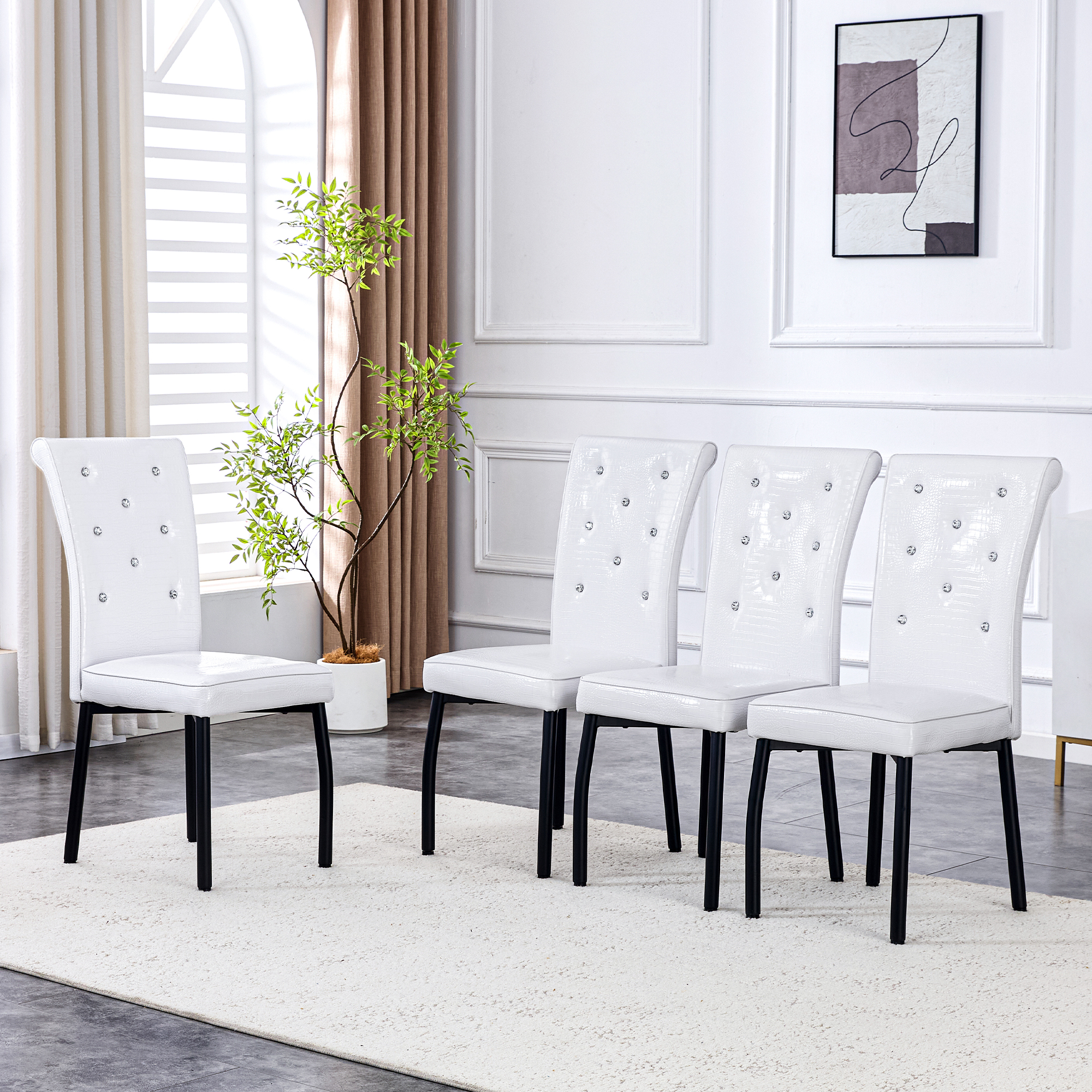A Set Of 4 White And Black Vintage Crocodile Leather Cushioned Dining Chairs, Featuring Crystal Clasp Design And Artificial Leather Design, Adding A Touch Of Elegance And Mystery To The Dining Area - Image 1