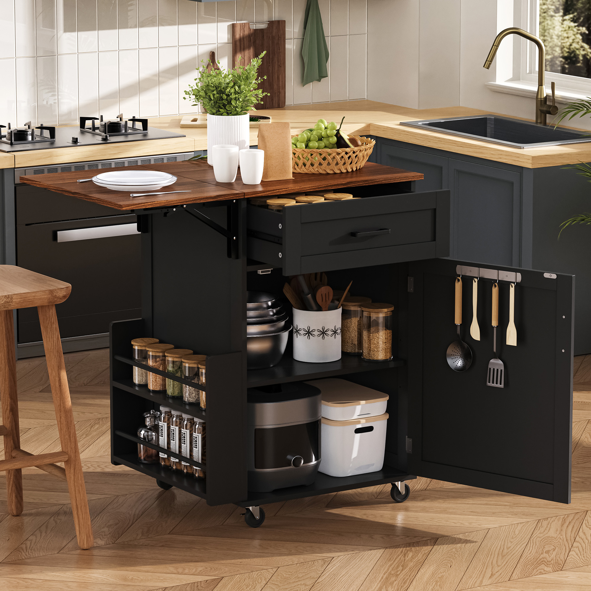 K&K 39.3  Farmhouse Kitchen Island With Drop Leaf, Kitchen Storage Island With Open Side Rack, One Drawer, Towel Rack, Rolling Kitchen Cart With Lockable Wheels For Lawn Garden, Black